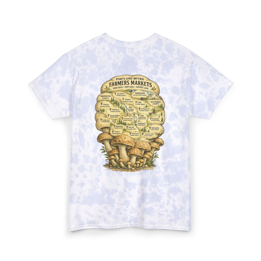 T-Shirt: Tie Dye Tee — Scenic Skull Illustration | Farmers Market Mushroom Map