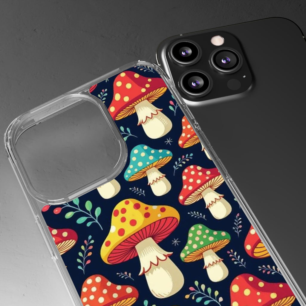 Phone Case: Mushroom Pattern Clear Phone Case — Colorful Toadstool Floral Design