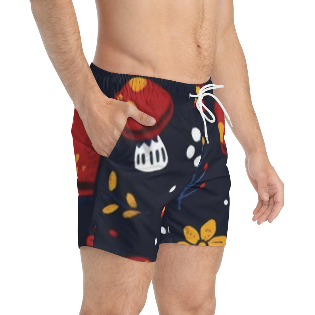 Mushroom Floral Swim Trunks - Red Toadstool Pattern Beach Shorts