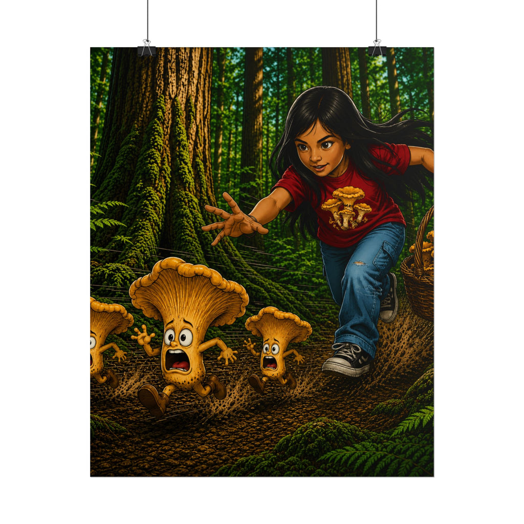 Rolled Poster: Girl Chasing Animated Mushrooms Forest Art Print