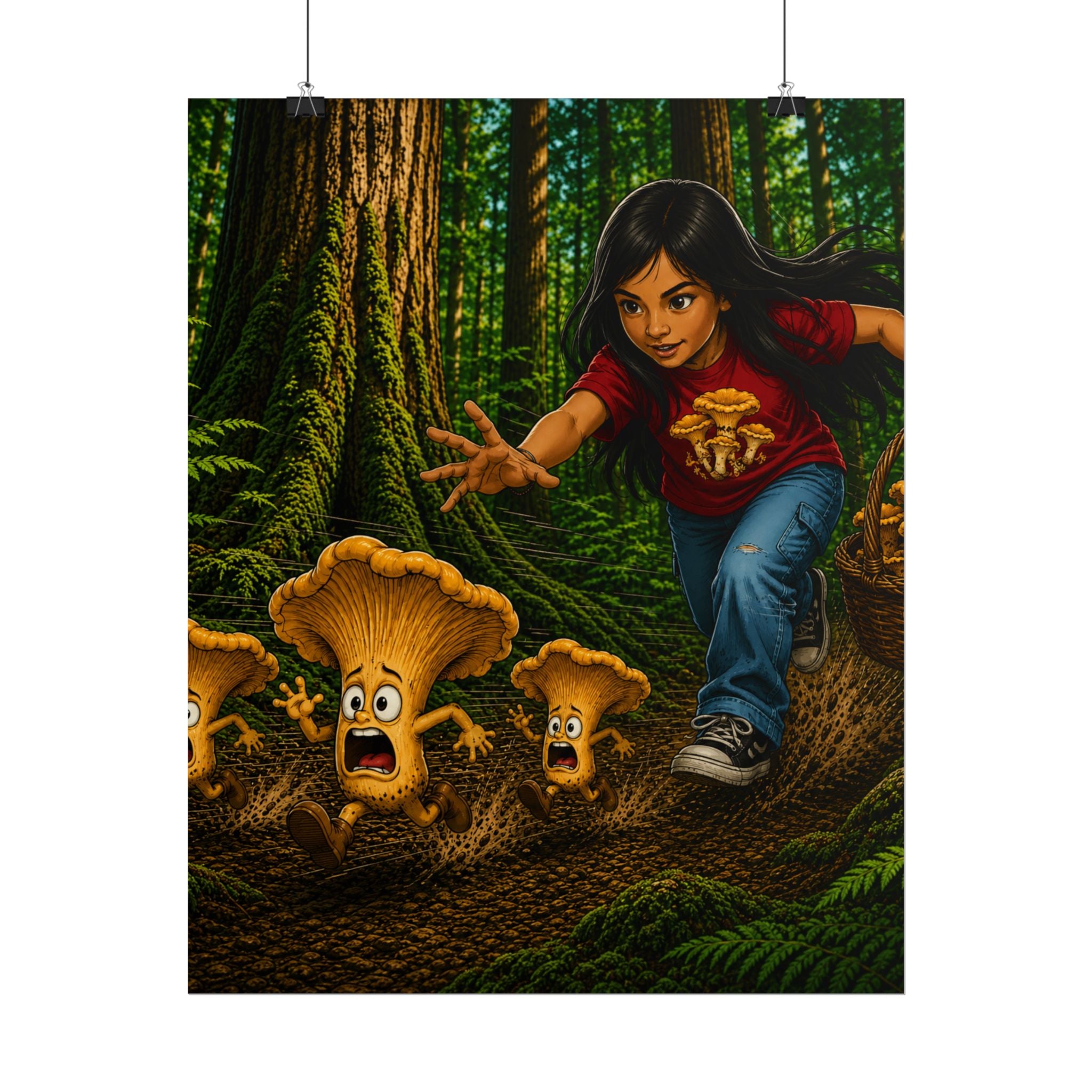 Rolled Poster: Girl Chasing Animated Mushrooms Forest Art Print