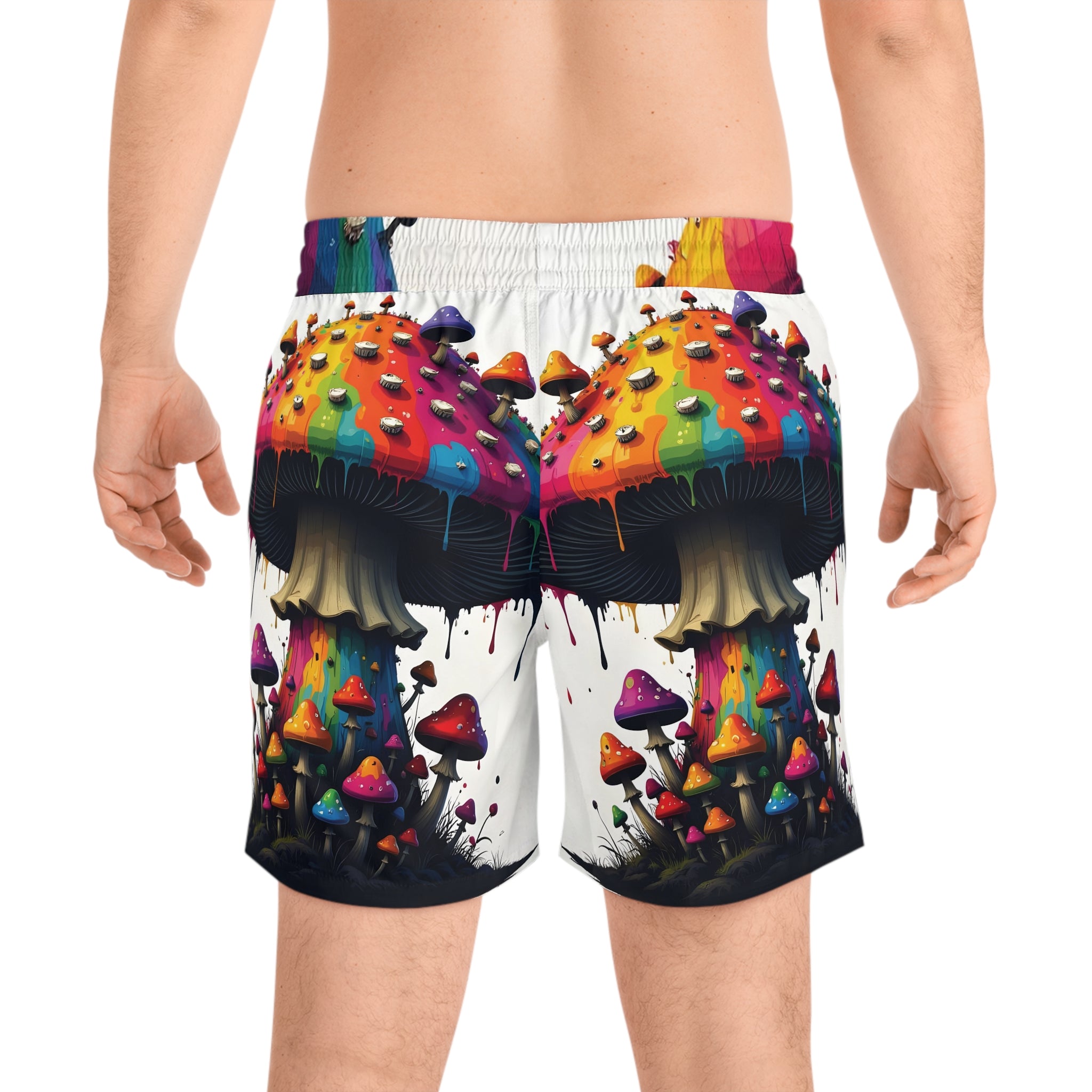Psychedelic Rainbow Mushroom Swim Shorts — Men's Mid-Length Beach Trunks