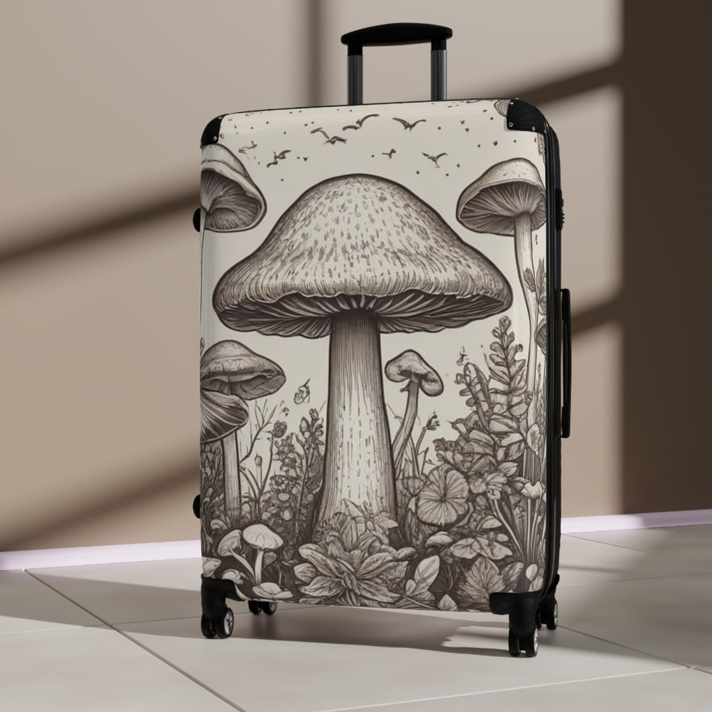 Mushroom Illustration Suitcase – Botanical Fungi Carry-On Luggage