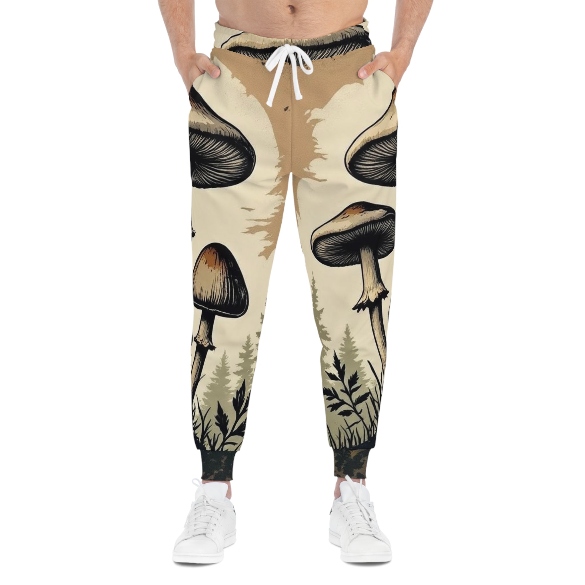 Mushroom Forest Joggers — Vintage Botanical All-Over Print Athletic Pants
