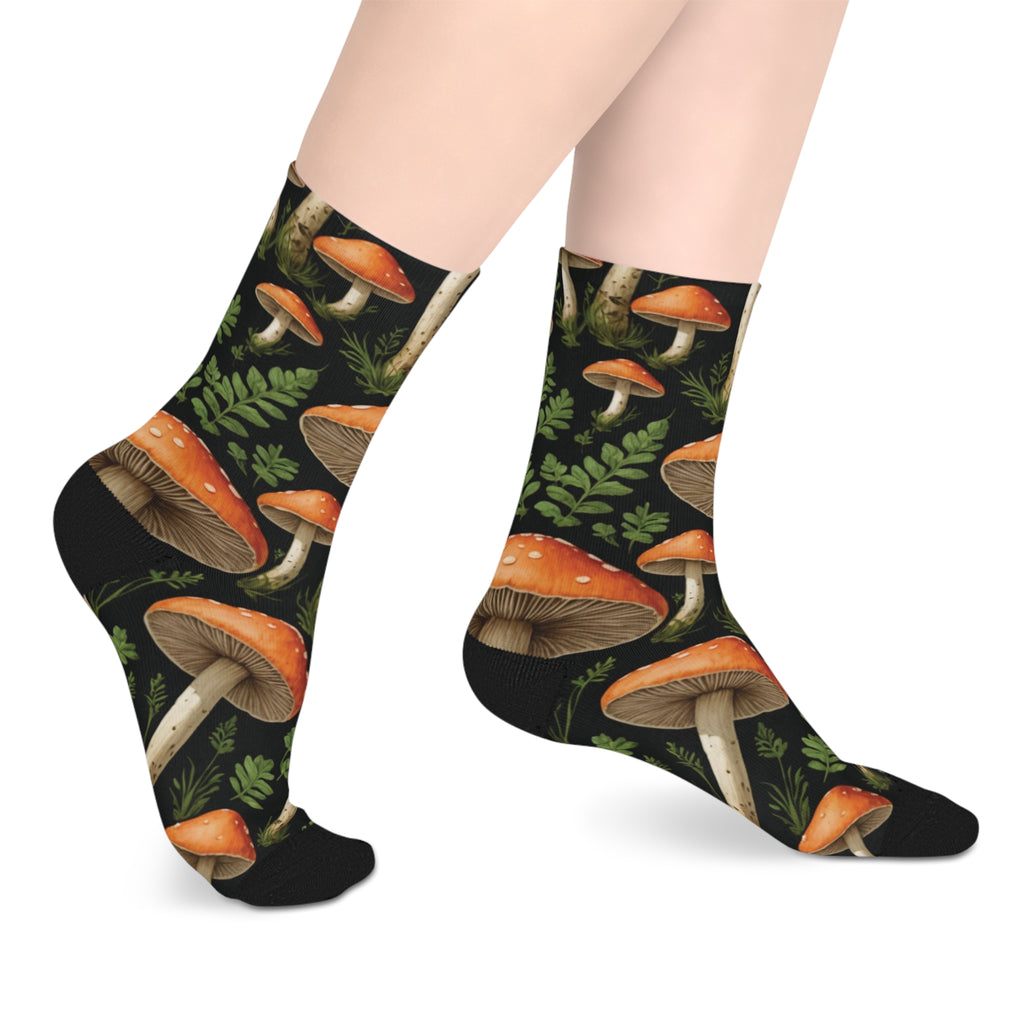 Mushroom Forest Mid-Length Socks — Autumn Toadstool Crew Socks