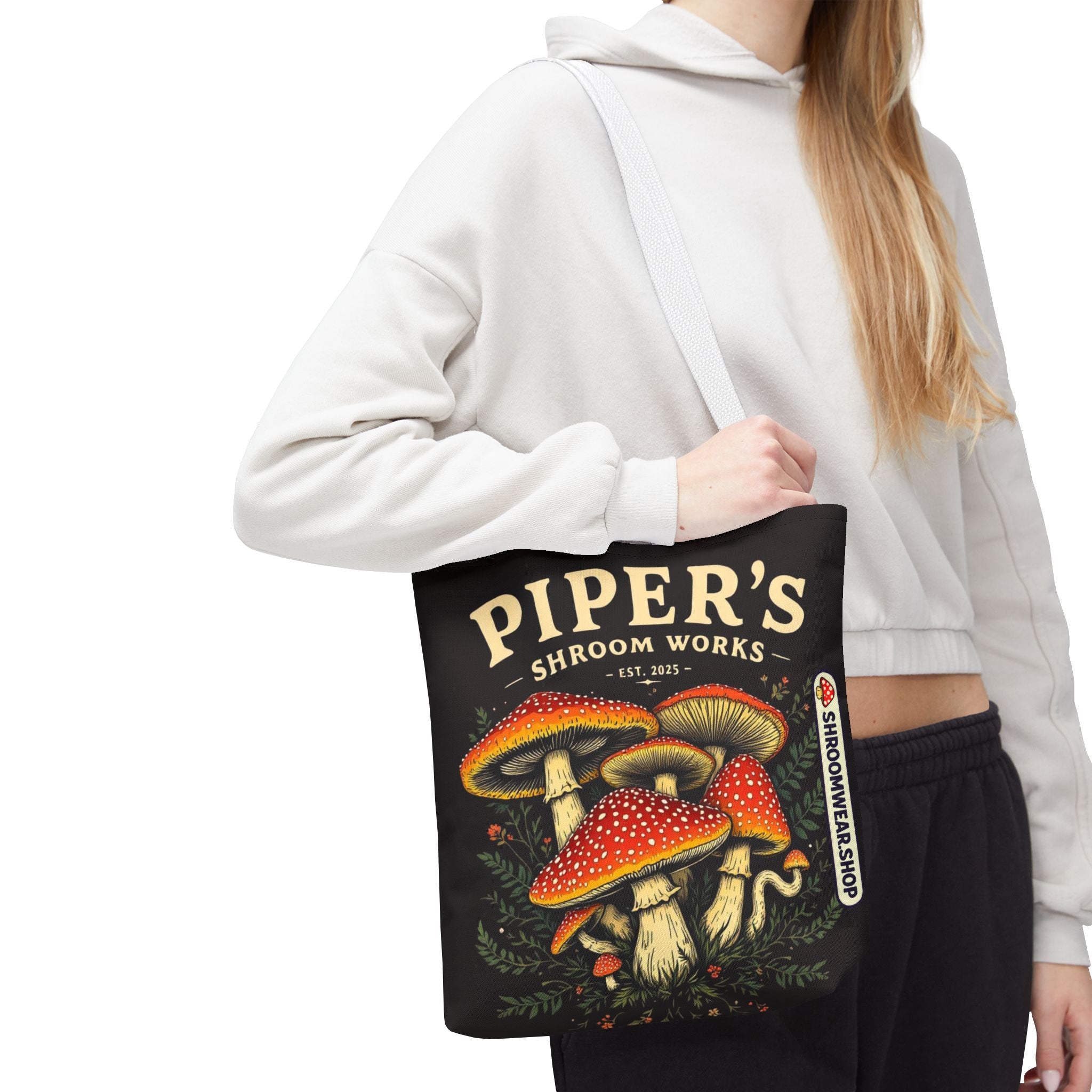 Bag: Mushroom Tote Bag — “Piper’s Shroom Works” Vintage Fungi Market Tote