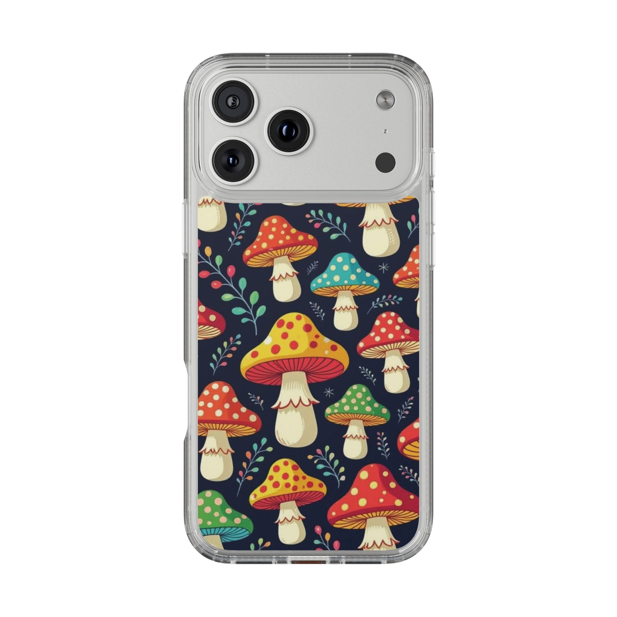 Phone Case: Mushroom Pattern Clear Phone Case — Colorful Toadstool Floral Design
