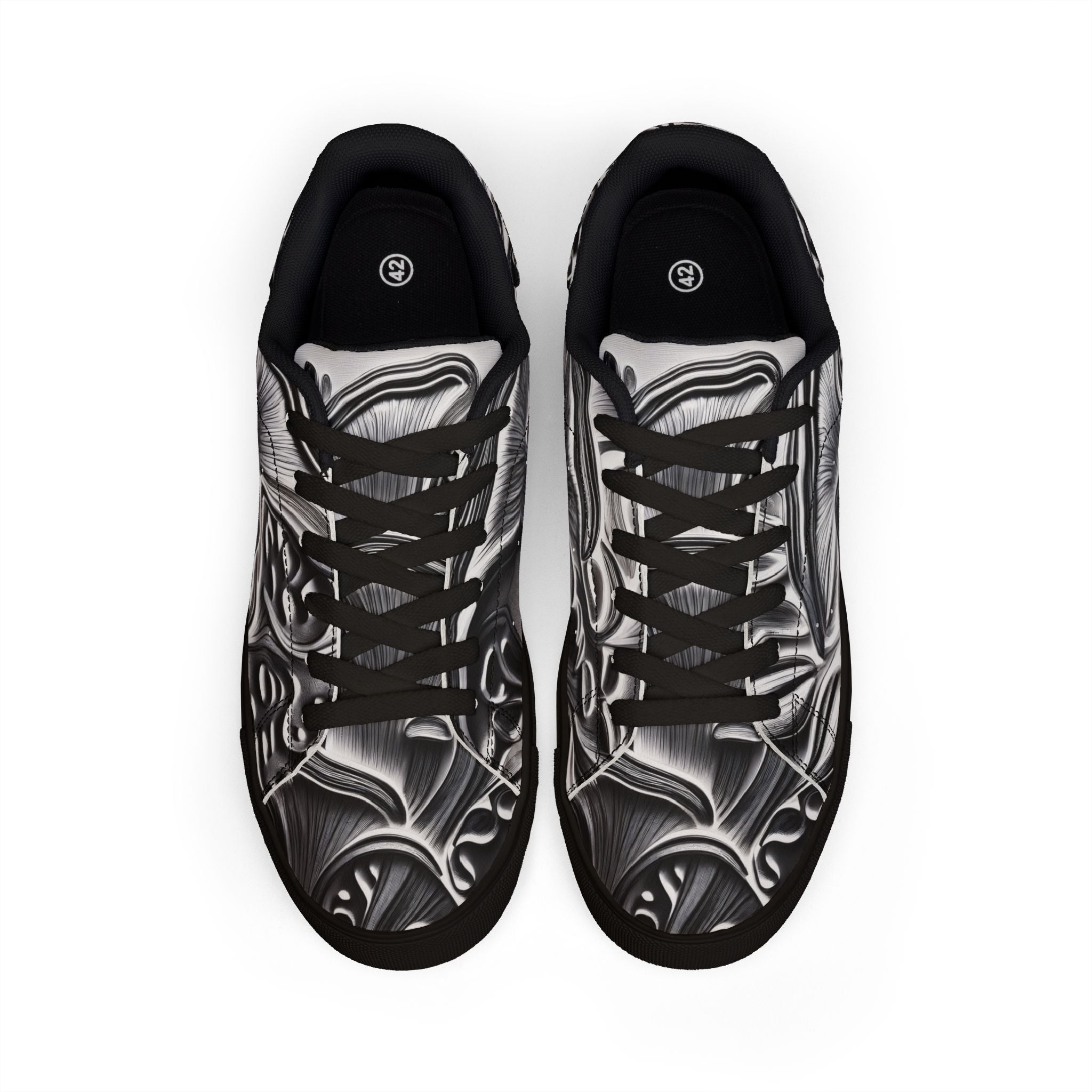 Men's Low-Top Leather Sneakers — Monochrome Abstract Swirl Design