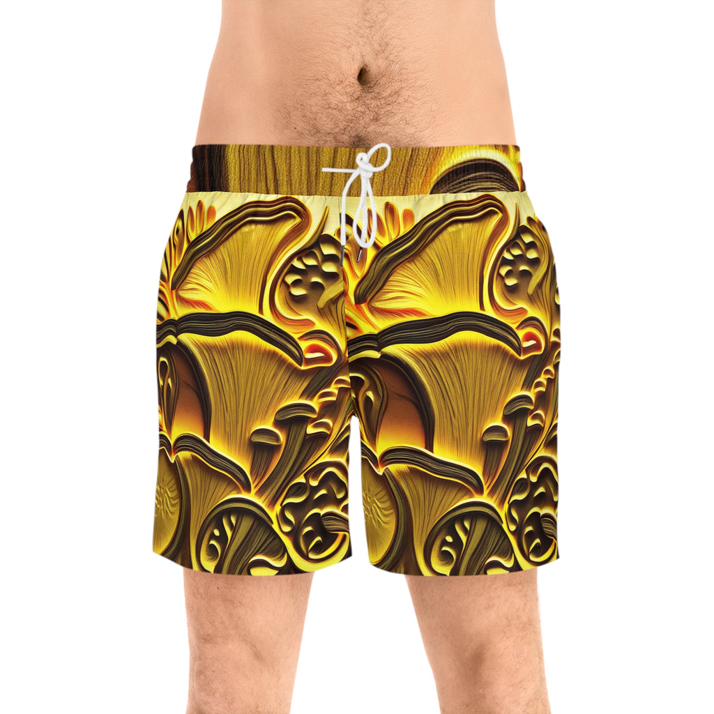 Golden Mushroom Print Swim Shorts — Men’s Mid-Length Tropical Boardshorts