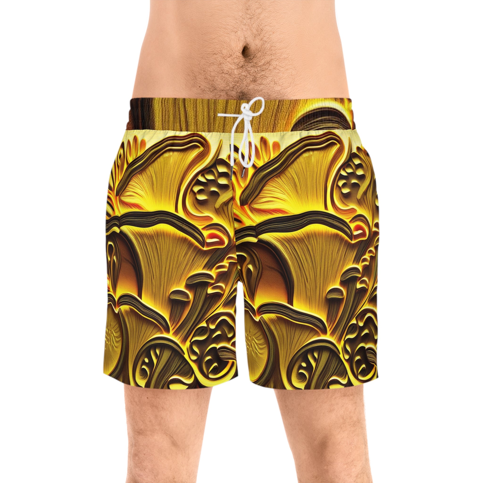 Golden Mushroom Print Swim Shorts — Men’s Mid-Length Tropical Boardshorts