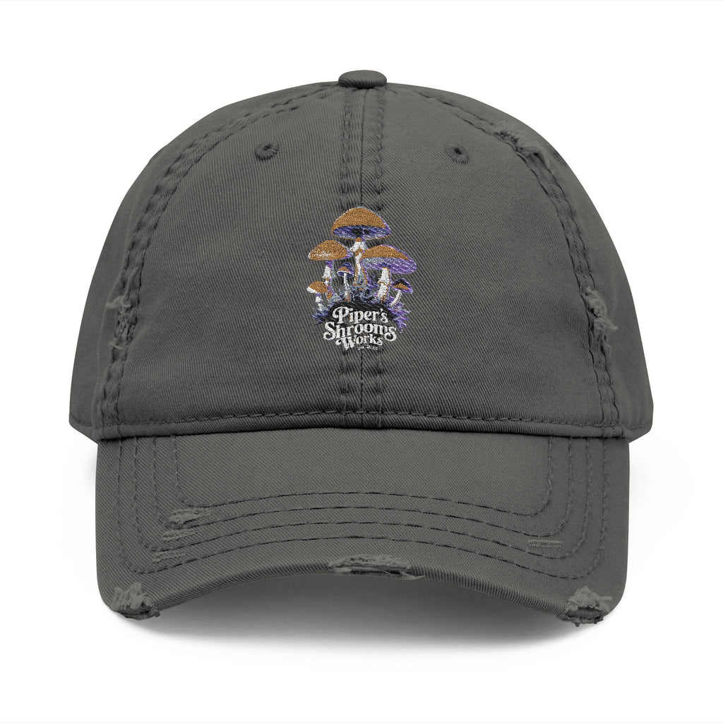 Embroidered Mushroom Skull Distressed Dad Hat — Vintage Trucker Cap for Mushroom Lovers