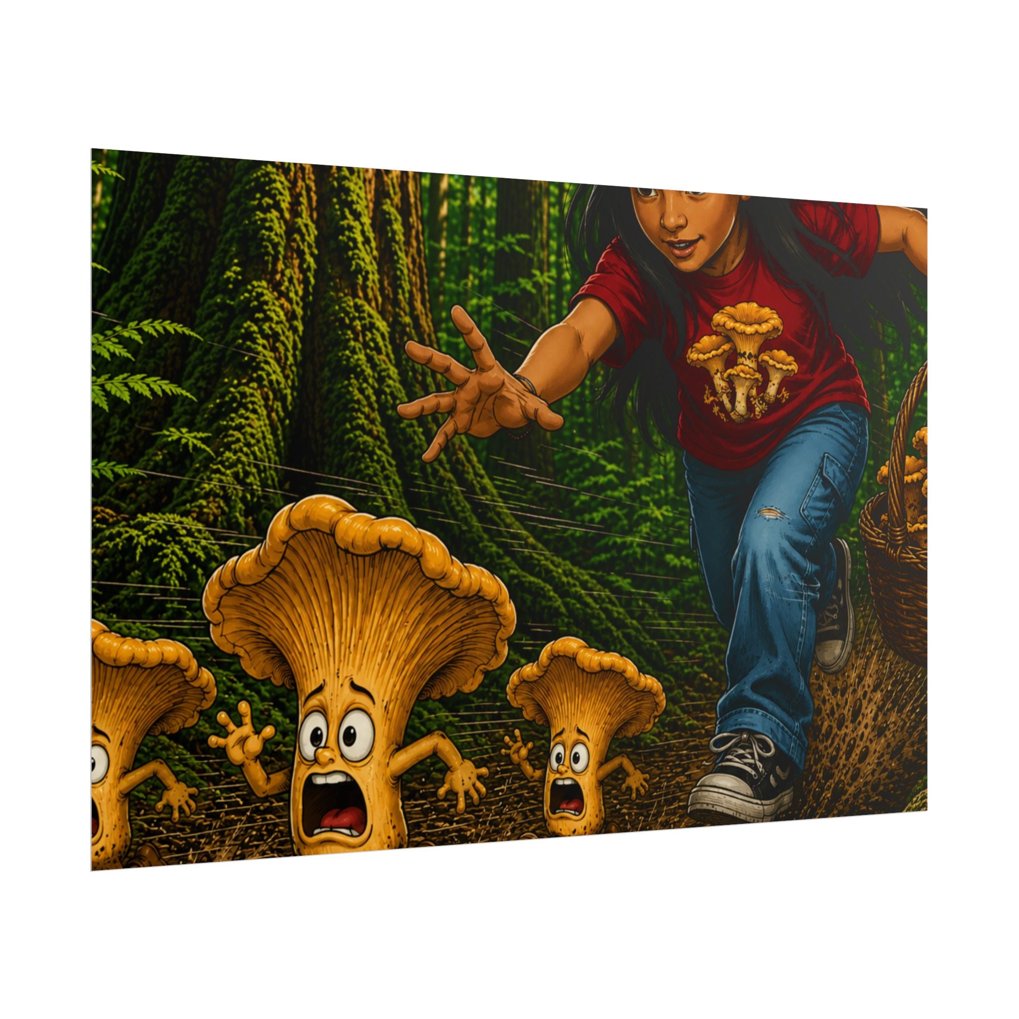 Rolled Poster: Girl Chasing Animated Mushrooms Forest Art Print