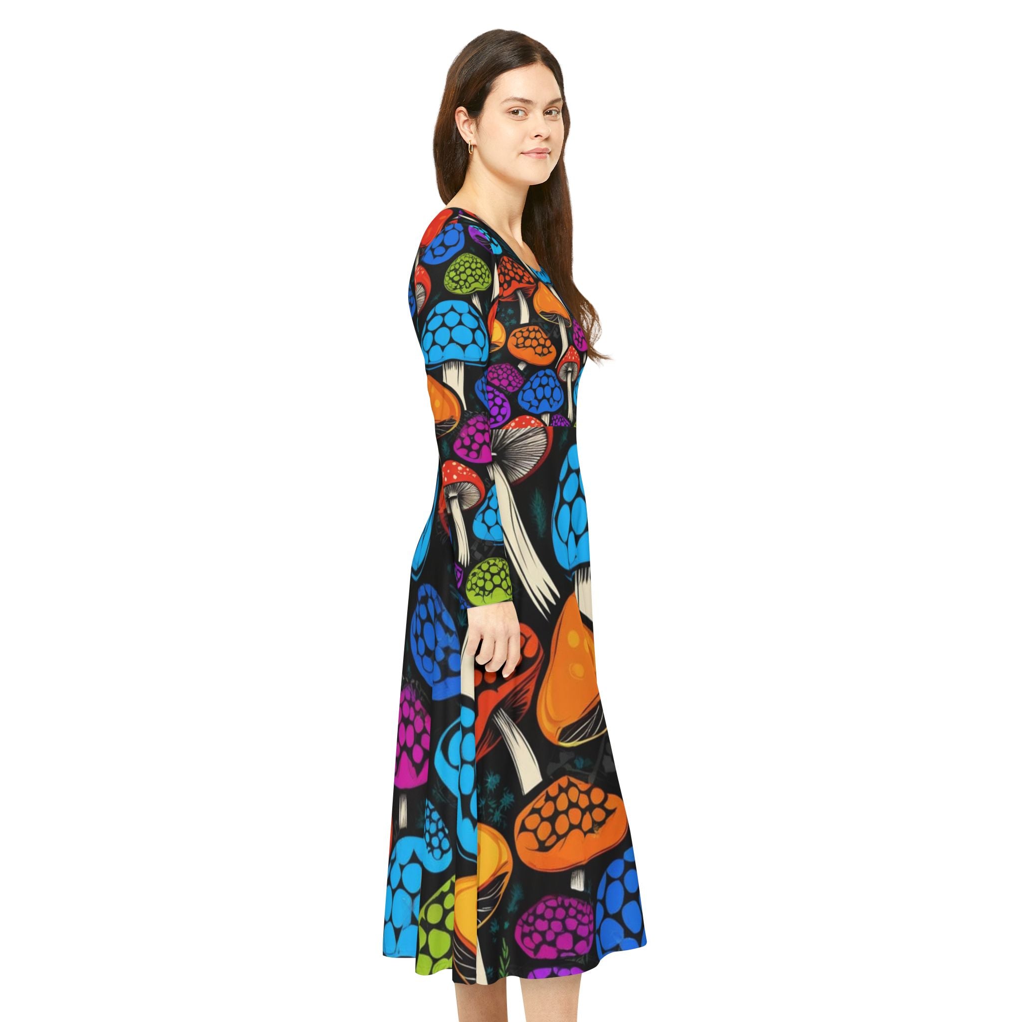 Mushroom Print Long Sleeve Dance Dress – Colorful Psychedelic Fungi AOP
