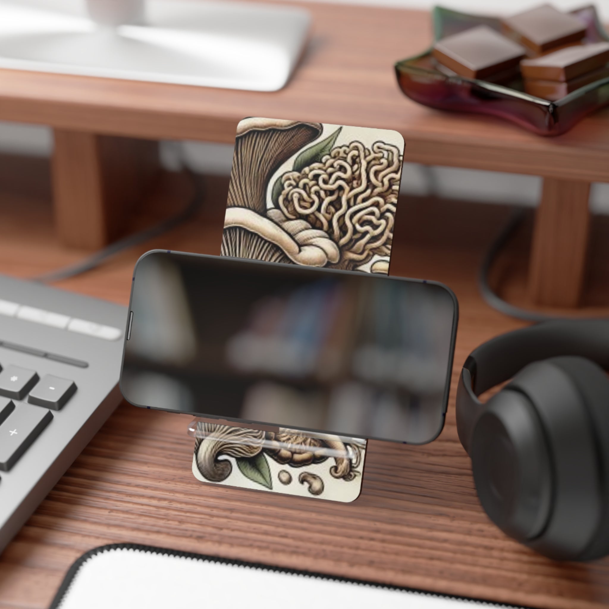 Phone Stand: Mushroom Art Phone Stand — Floral Fungi Mobile Display Stand