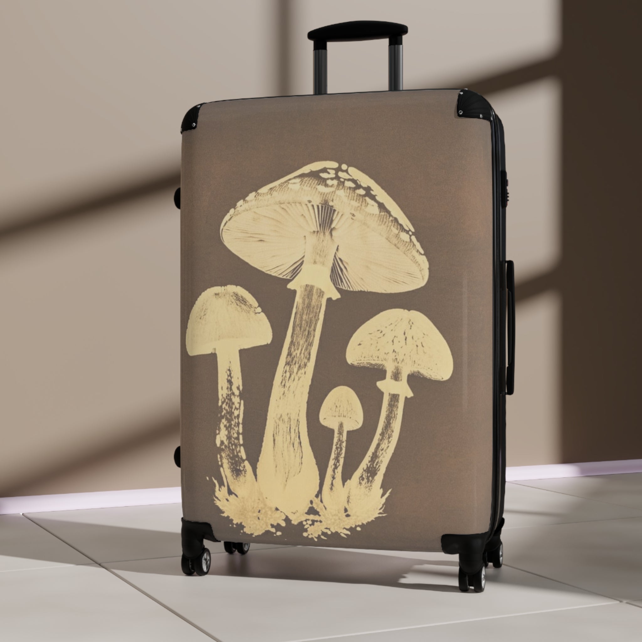 Mushroom Illustration Suitcase — Vintage Botanical Carry-On Luggage