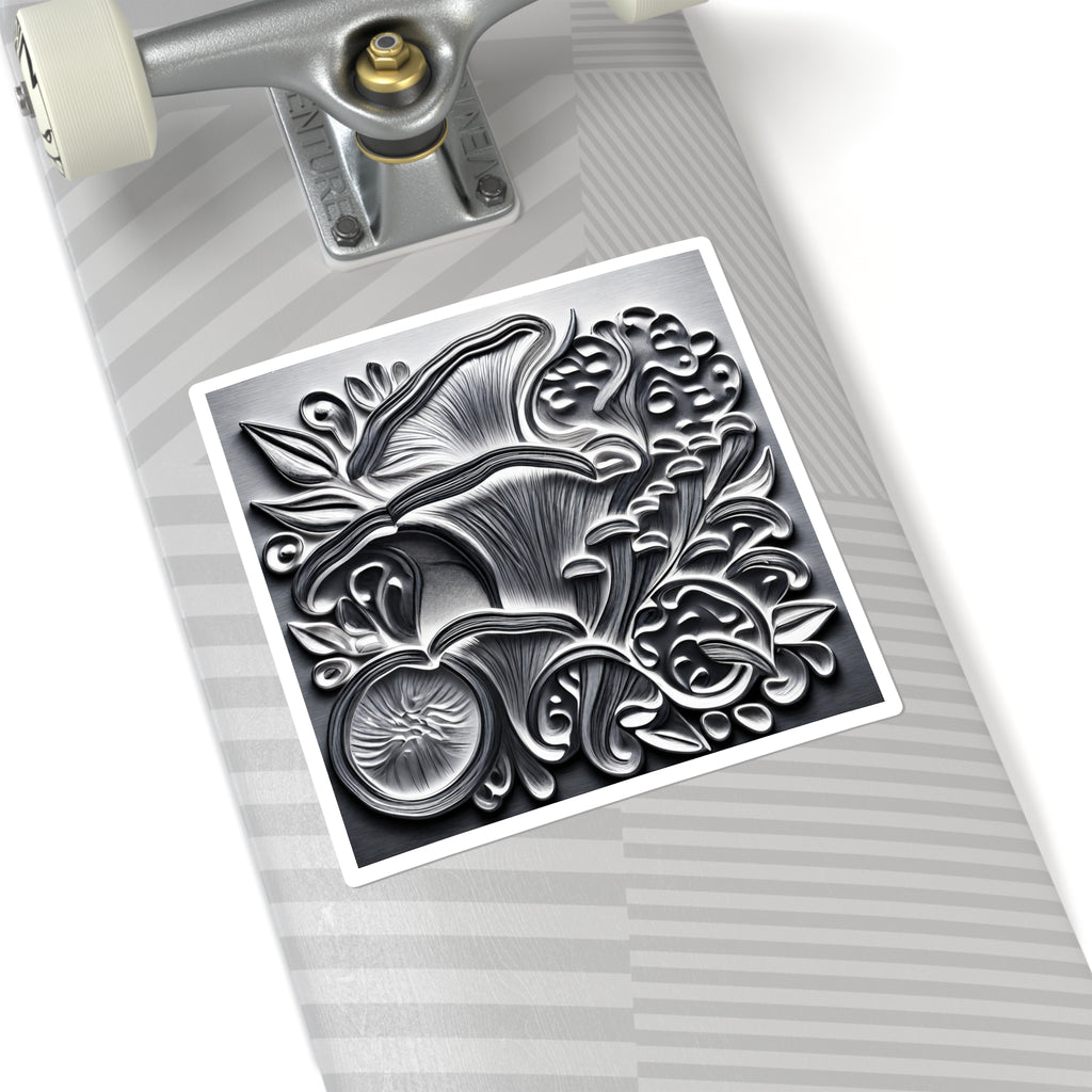 Metallic Botanical Square Sticker — Embossed Floral Mushroom Design