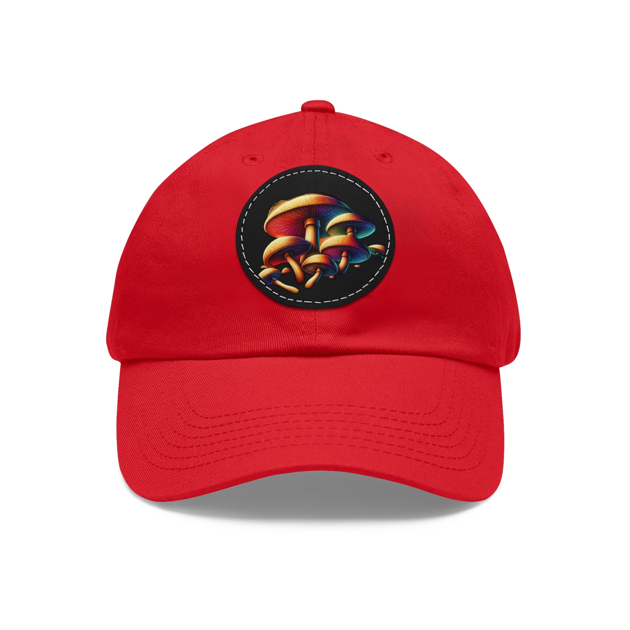 Mushroom Patch Dad Hat — Colorful Psychedelic Fungi Leather Patch Cap