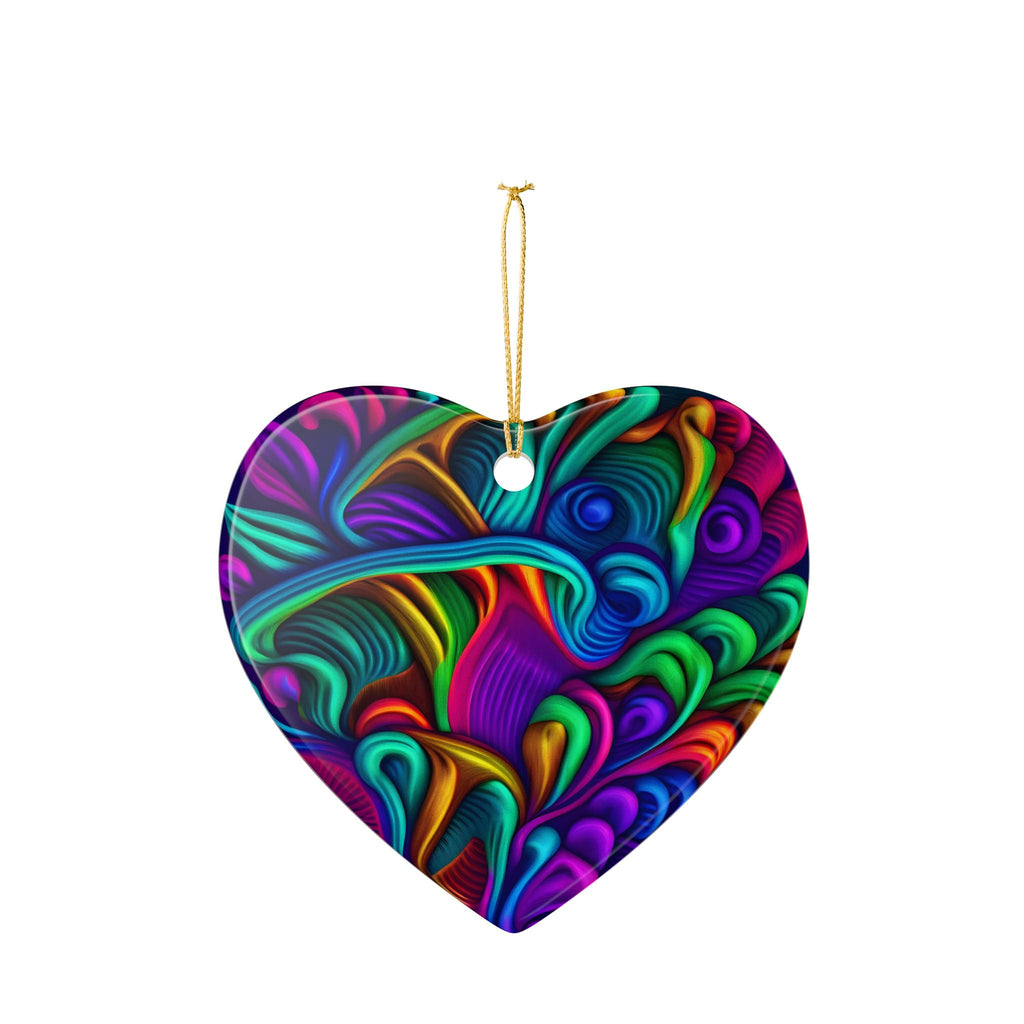 Ceramic Ornament: Heart Ceramic Ornament — Vibrant Abstract Rainbow Swirl Decoration