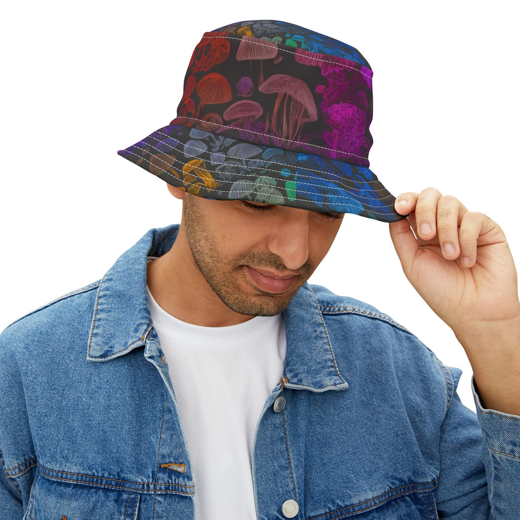 Psychedelic Mushroom Print Bucket Hat - Rainbow Jellyfish & Fungi AOP