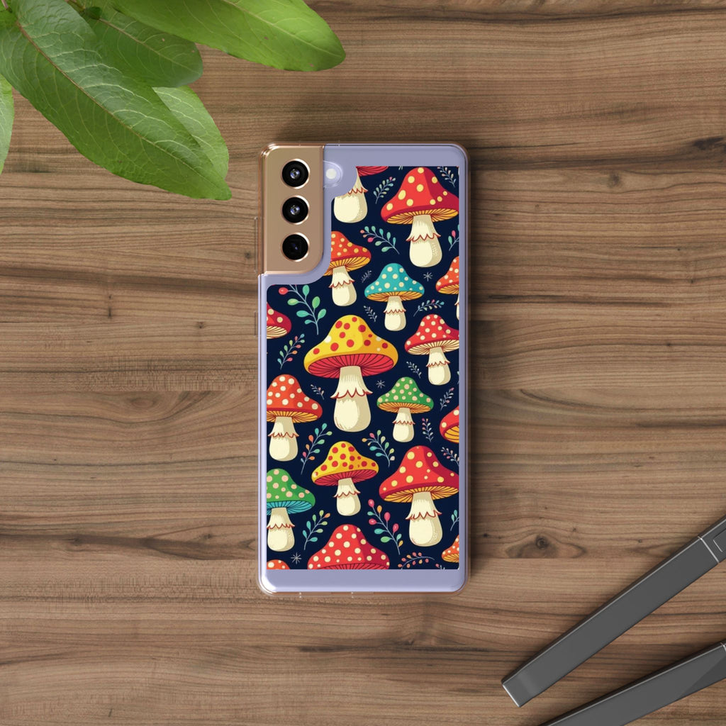 Phone Case: Mushroom Pattern Clear Phone Case — Colorful Toadstool Floral Design