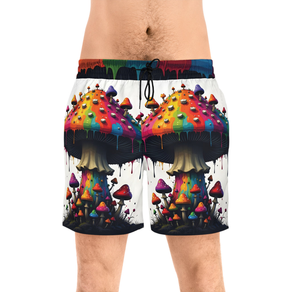 Psychedelic Rainbow Mushroom Swim Shorts — Men's Mid-Length Beach Trunks
