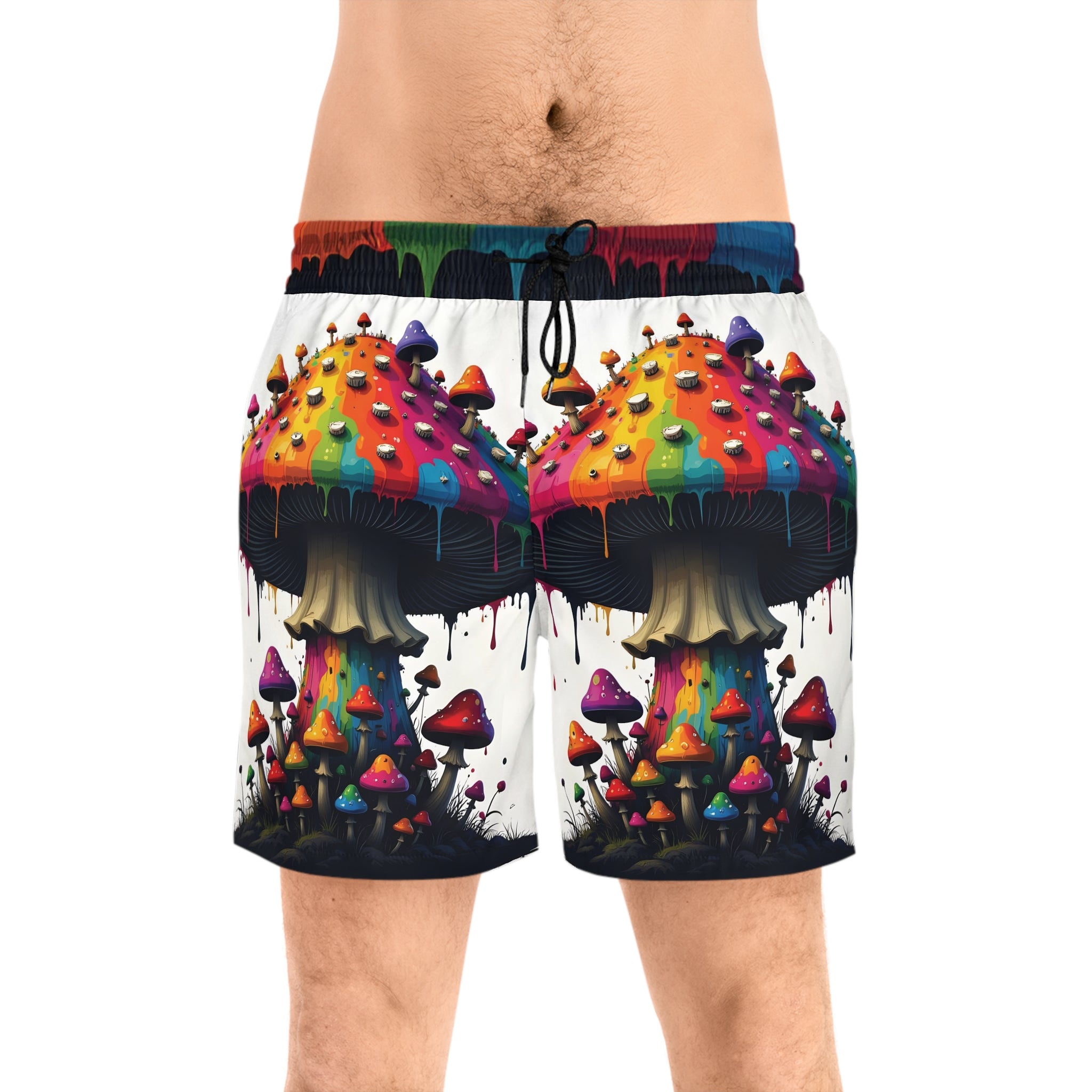 Psychedelic Rainbow Mushroom Swim Shorts — Men's Mid-Length Beach Trunks
