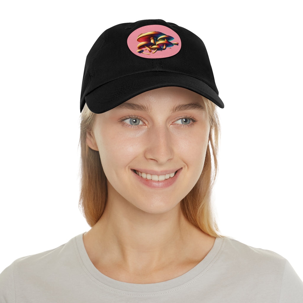 Mushroom Patch Dad Hat — Colorful Psychedelic Fungi Leather Patch Cap