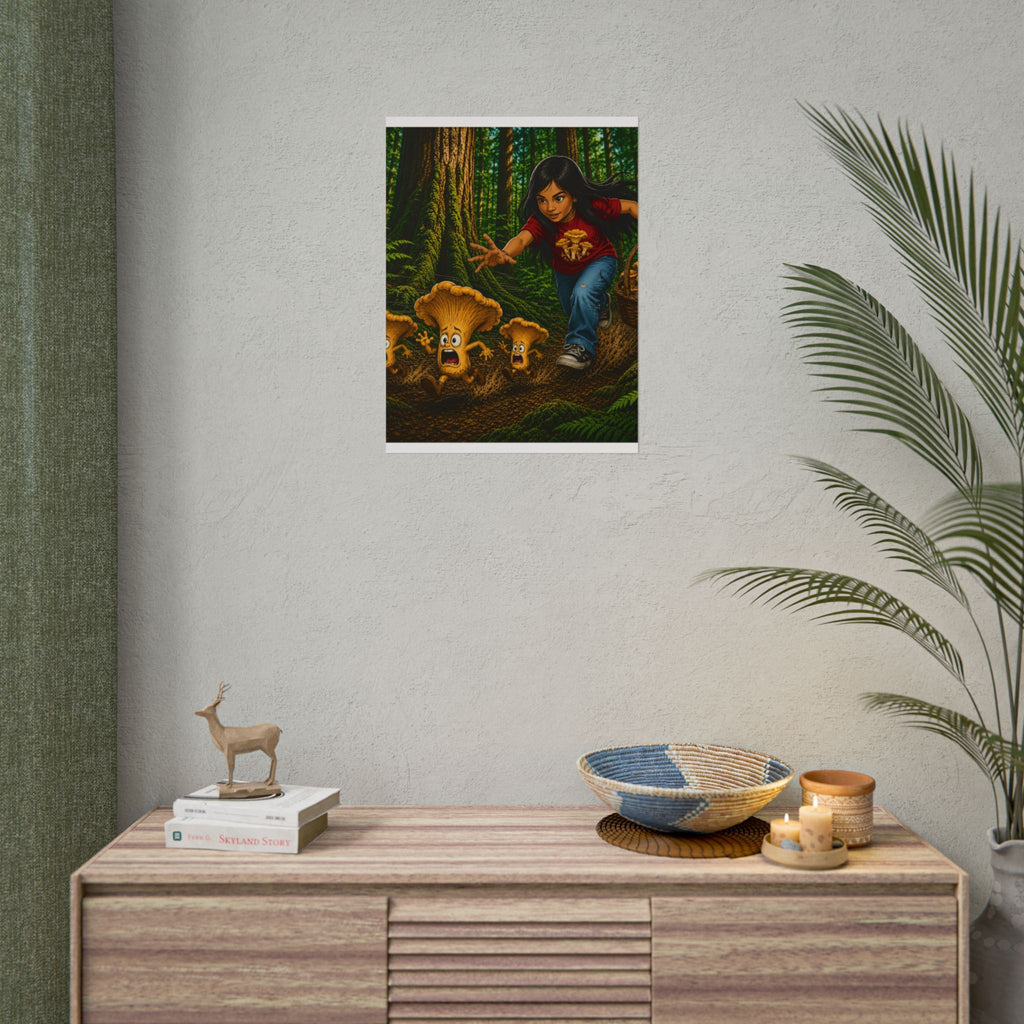 Rolled Poster: Girl Chasing Animated Mushrooms Forest Art Print
