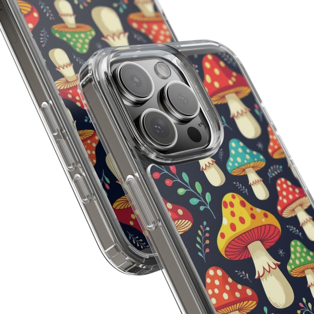 Phone Case: Mushroom Pattern Clear Phone Case — Colorful Toadstool Floral Design