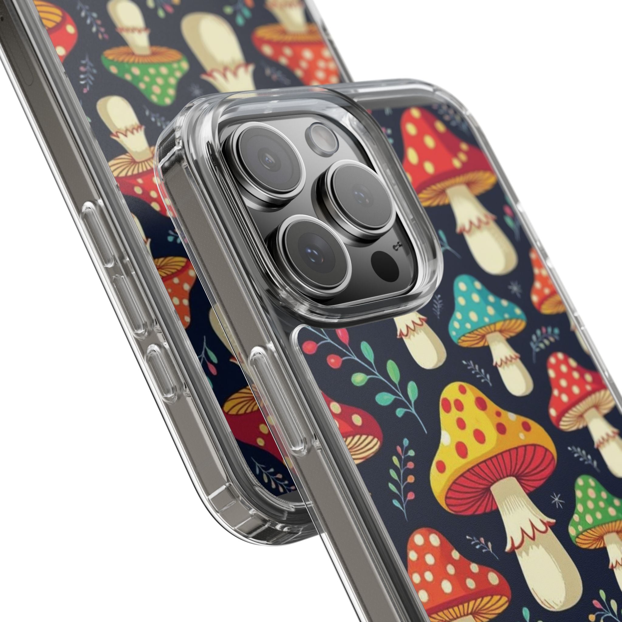 Phone Case: Mushroom Pattern Clear Phone Case — Colorful Toadstool Floral Design