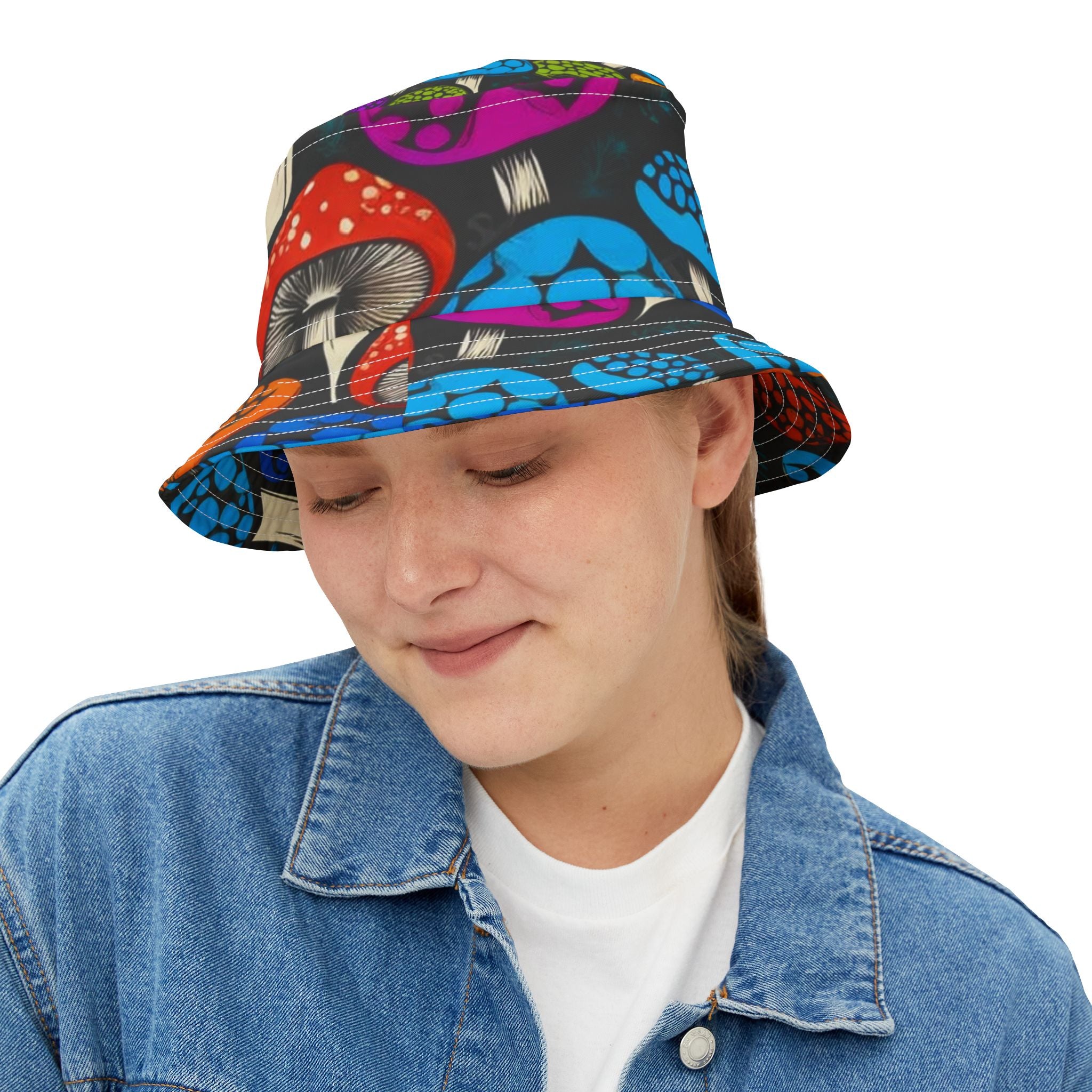 Psychedelic Mushroom Pattern Bucket Hat — Colorful Retro Fungi Print