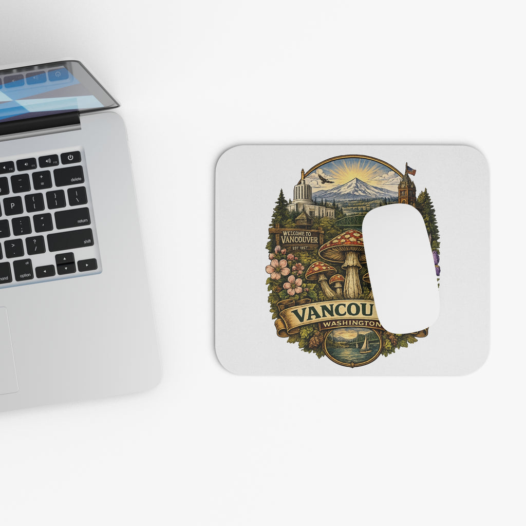 Vancouver Washington Scenic Mouse Pad — Retro Mushroom & Mount Hood Desk Mat