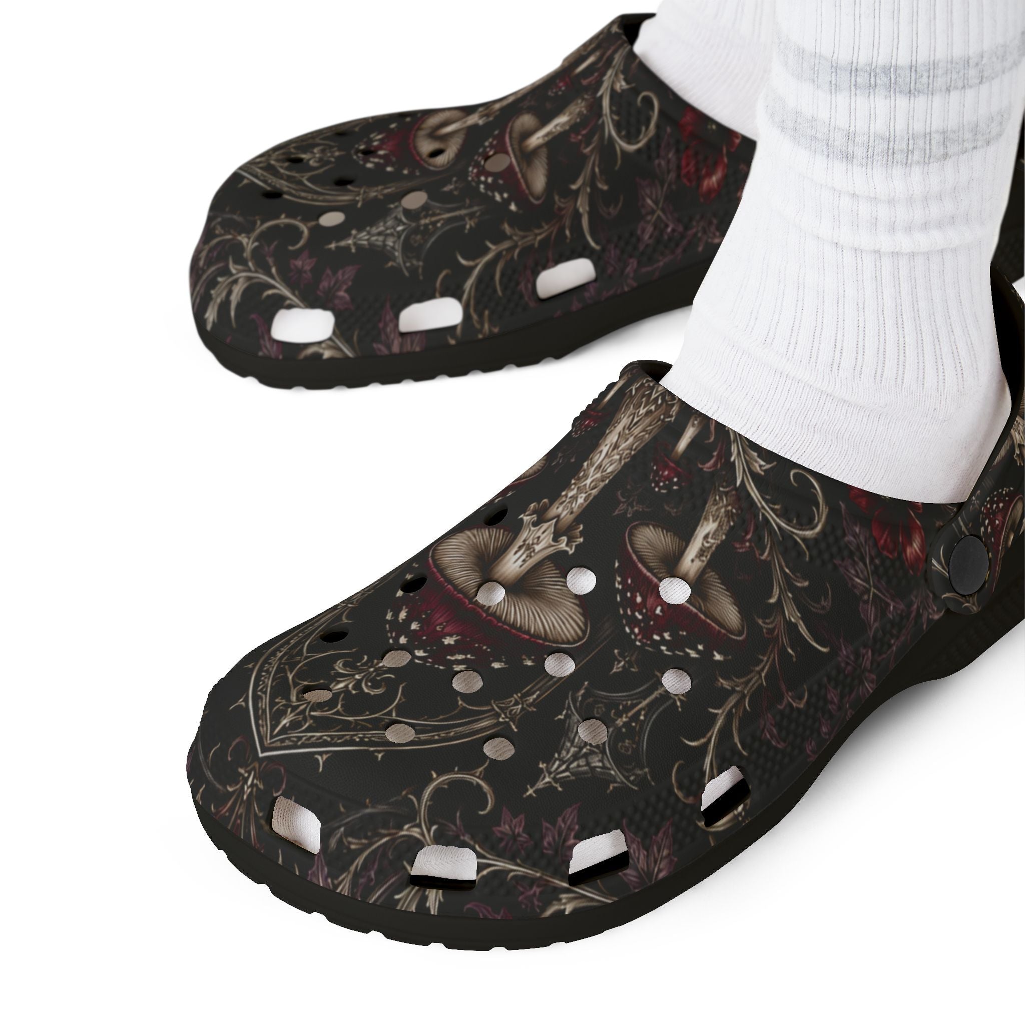 Clogs: Mushroom Garden EVA Foam Clogs — Lightweight Comfort Shoes with Dark Fungi Print