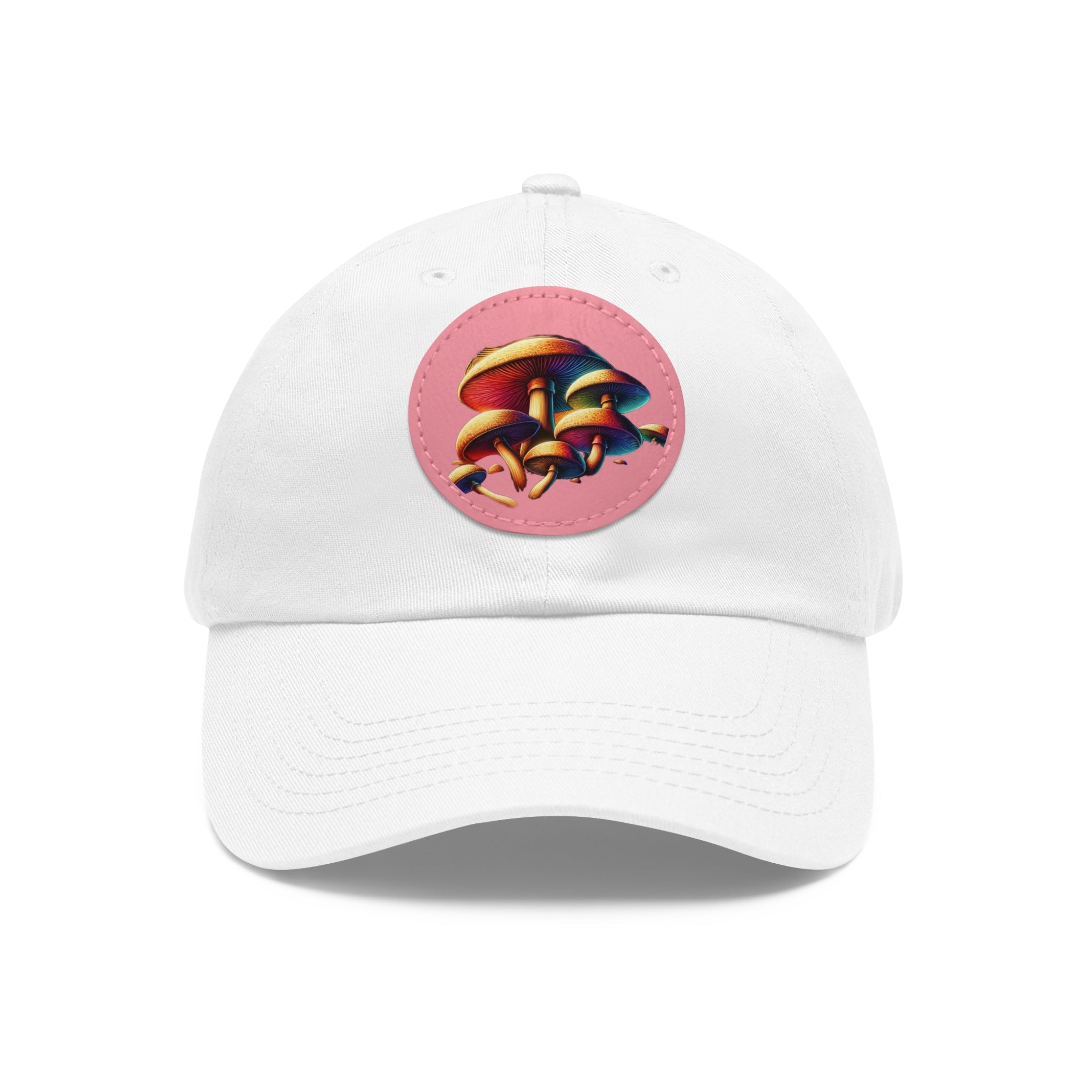 Mushroom Patch Dad Hat — Colorful Psychedelic Fungi Leather Patch Cap