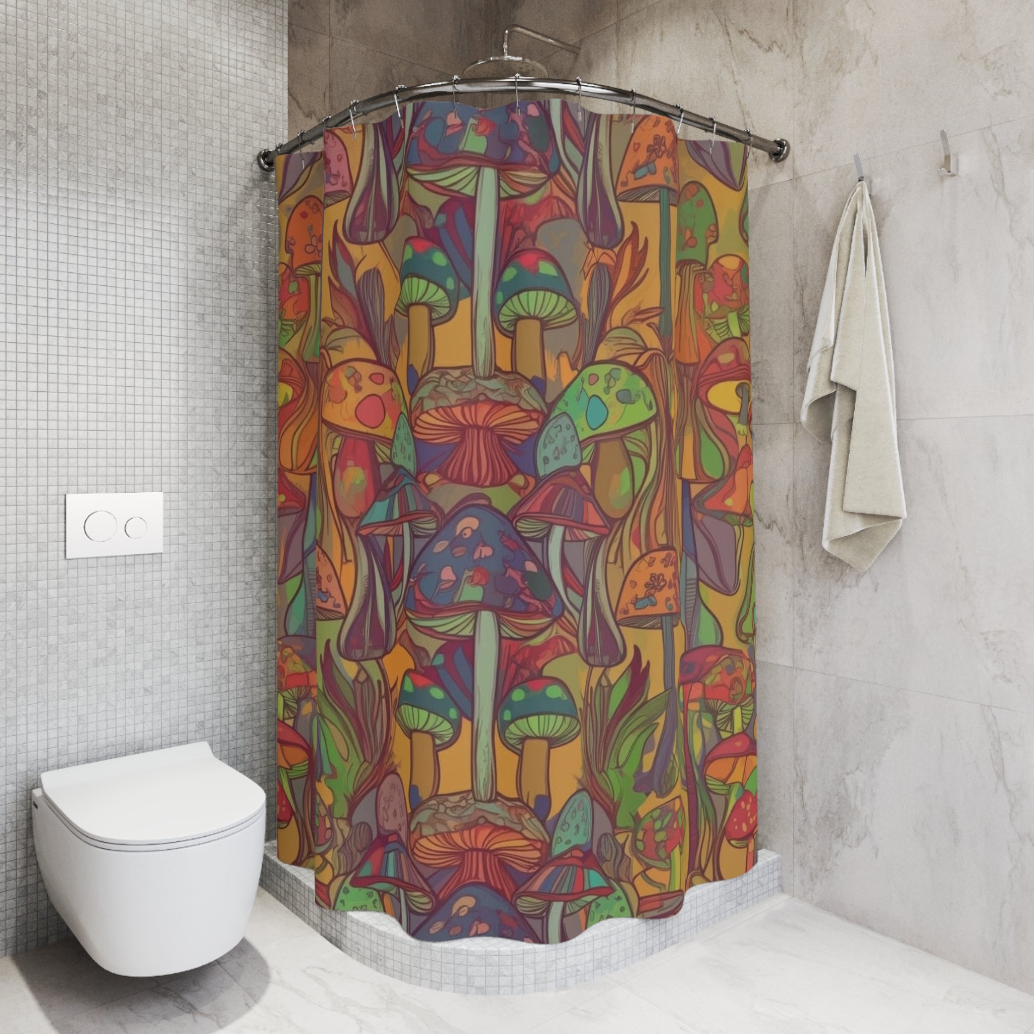 Psychedelic Mushroom Shower Curtain — Colorful Boho Fungi Bathroom Decor