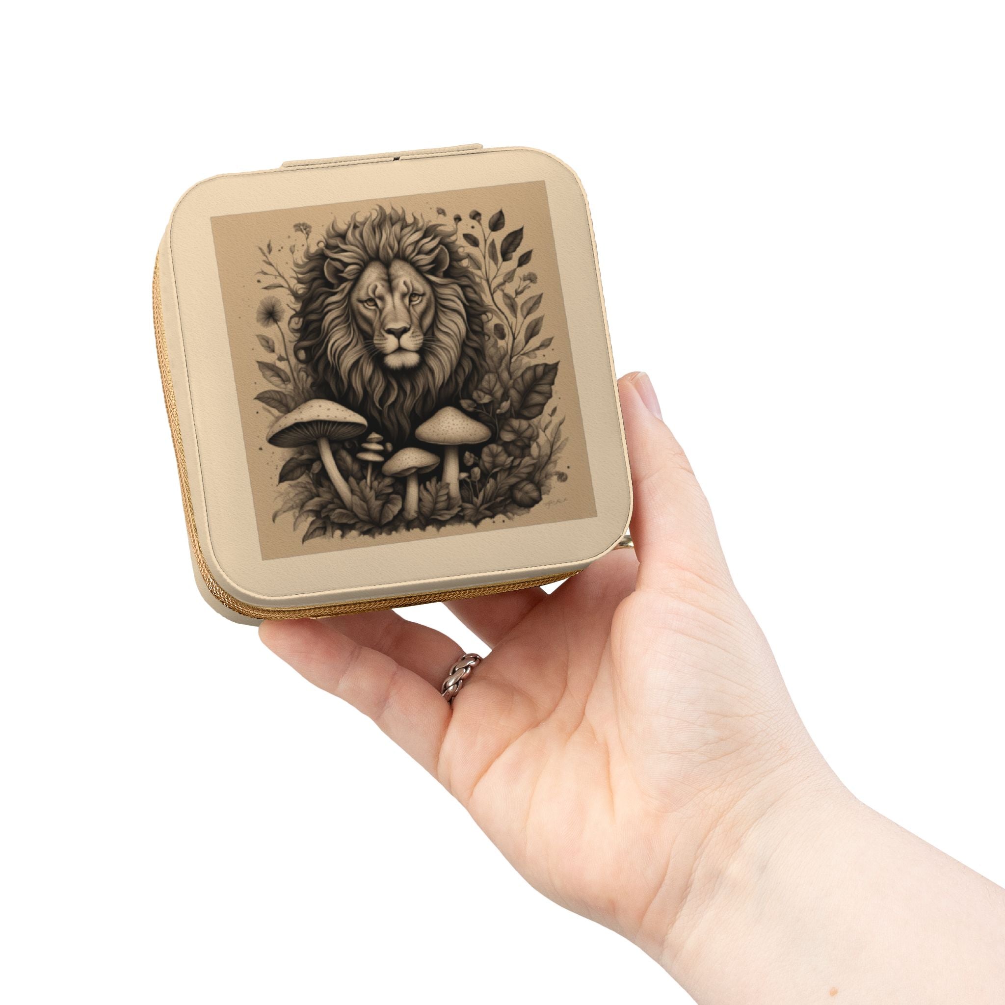 Lion & Mushrooms Jewelry Travel Case — Compact Organizer for Rings, Earrings & Necklaces