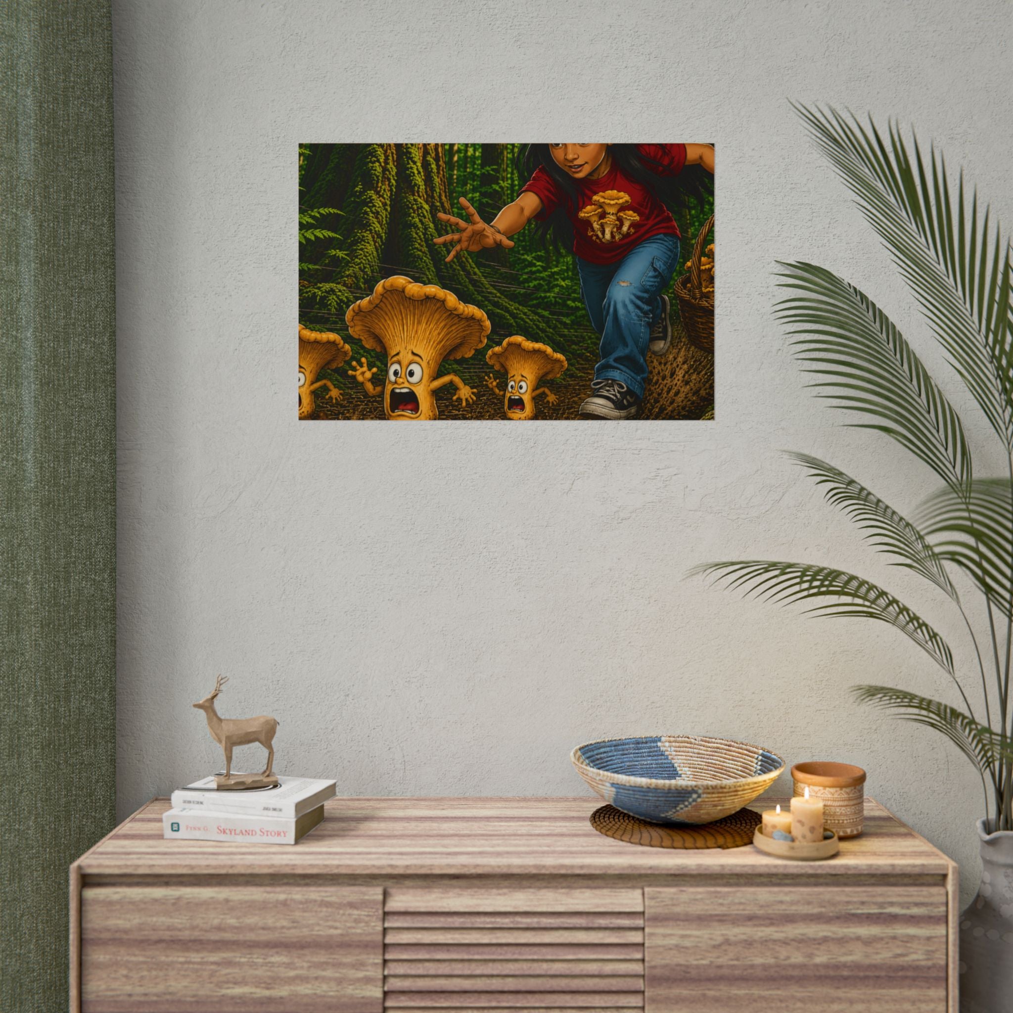 Rolled Poster: Girl Chasing Animated Mushrooms Forest Art Print