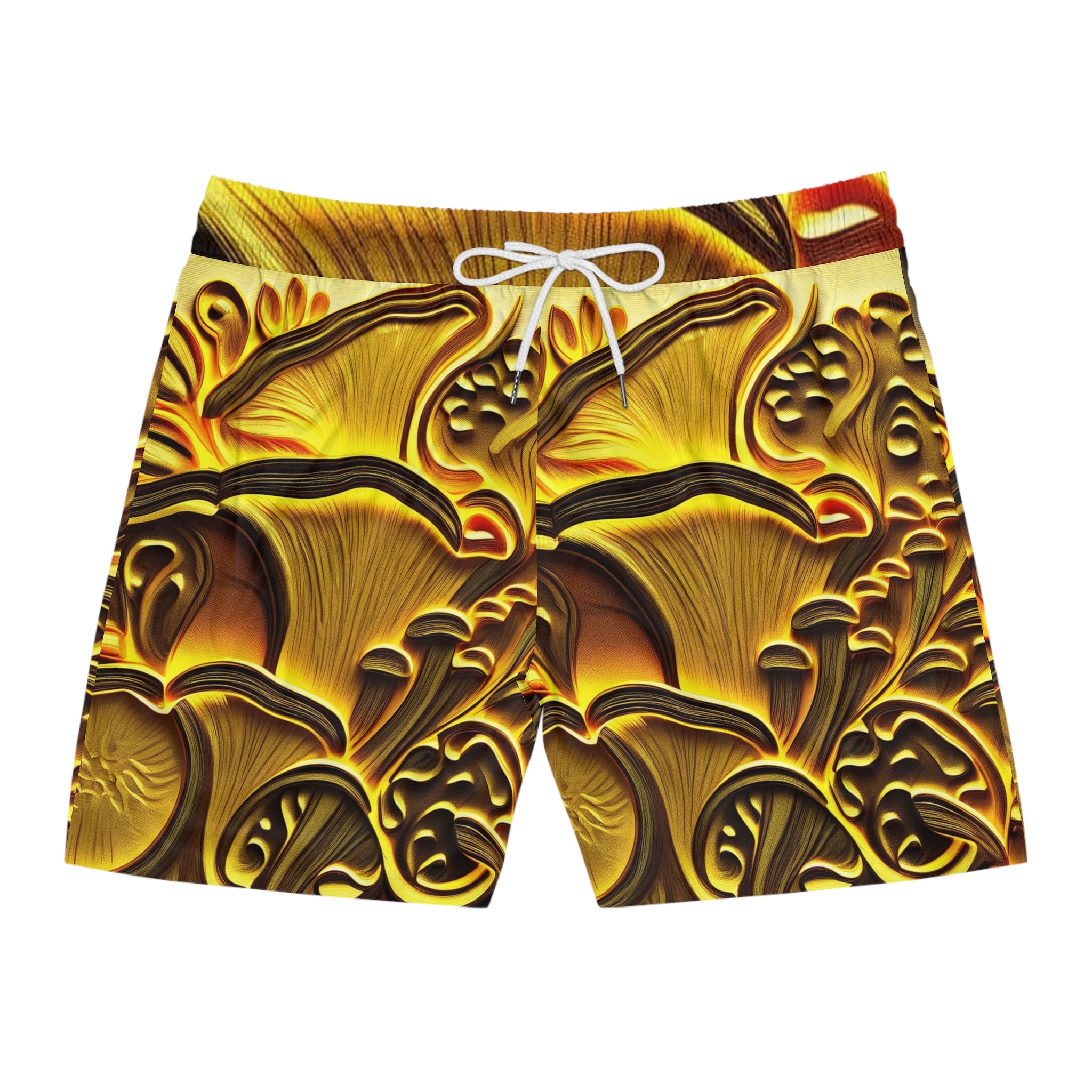 Gold Mushroom Pattern Swim Shorts — Men's Mid-Length Beach Trunks