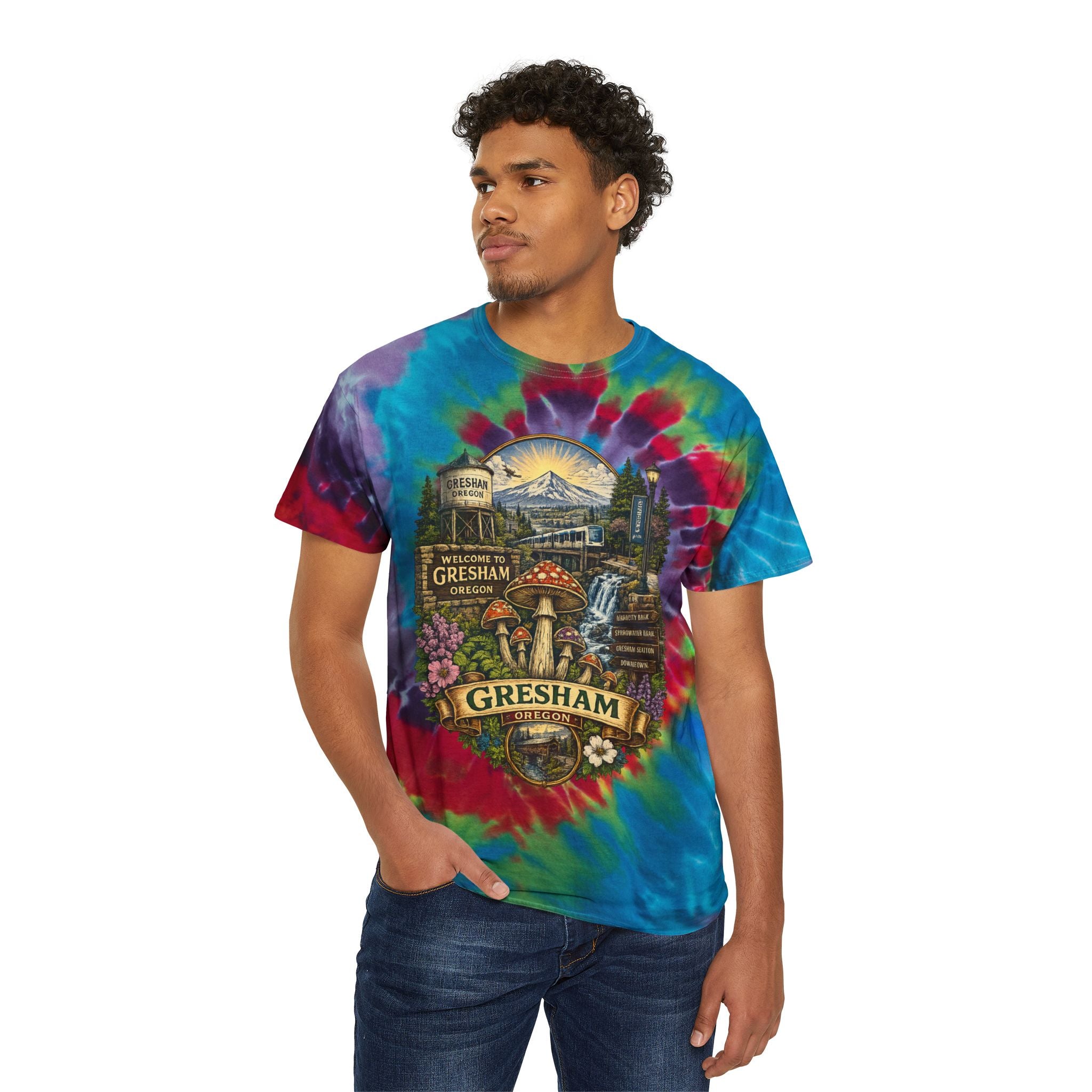 City: Gresham Oregon Spiral Tie-Dye Tee — Vintage Mushroom & Farmers Market Graphic