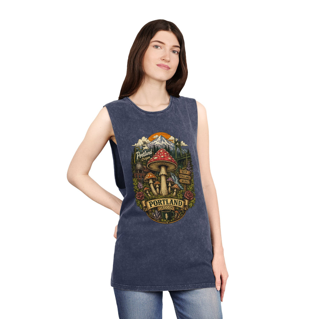 City: Portland Tank Top: Mushroom Graphic Tank — Stonewash Vintage Nature Tank Top