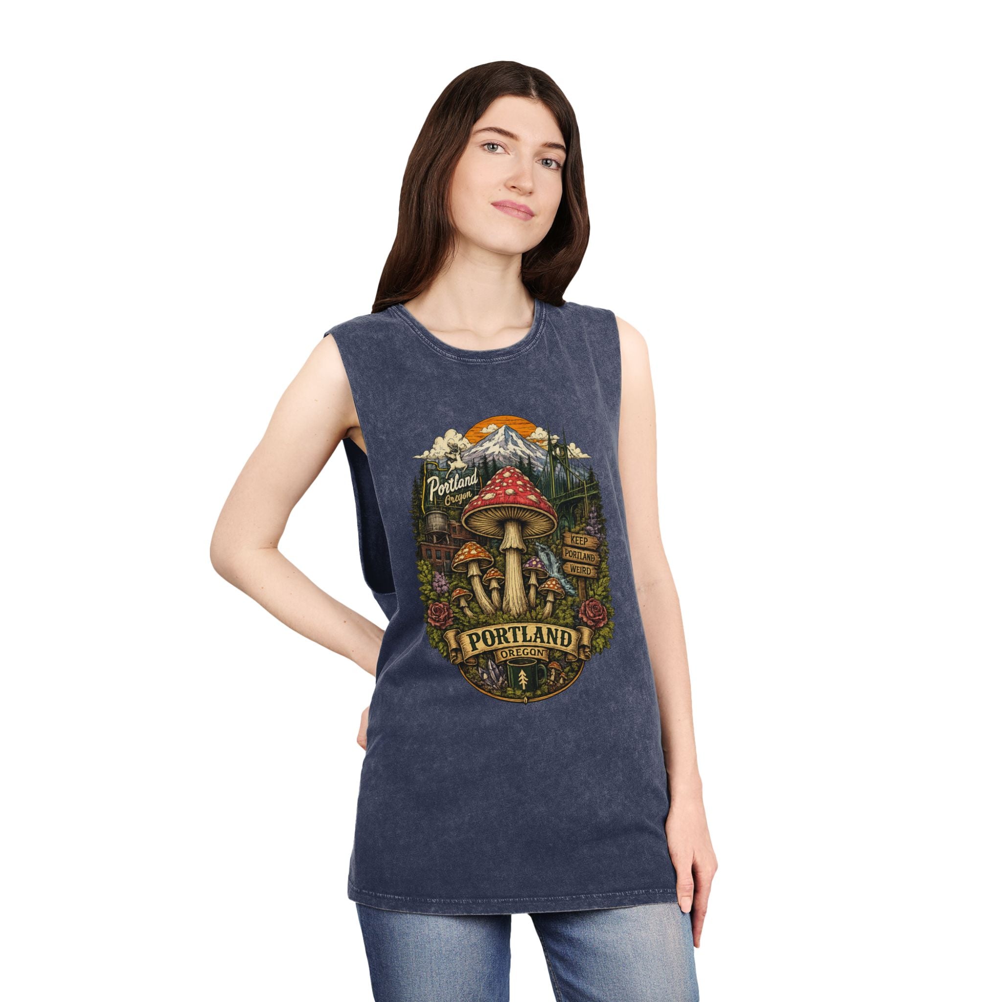 City: Portland Tank Top: Mushroom Graphic Tank — Stonewash Vintage Nature Tank Top