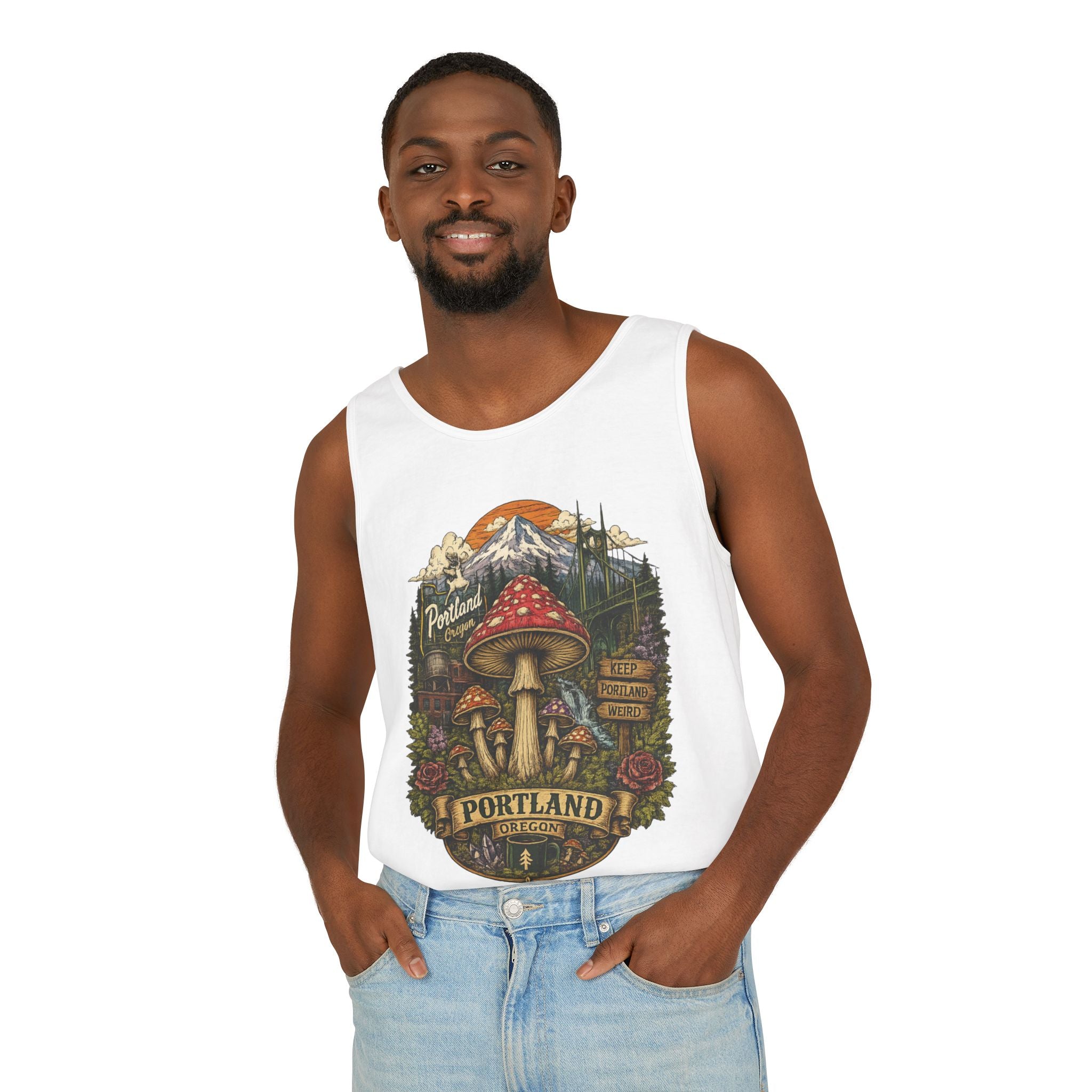 Portland Mushroom Tank Top — Vintage Forest Travel Graphic