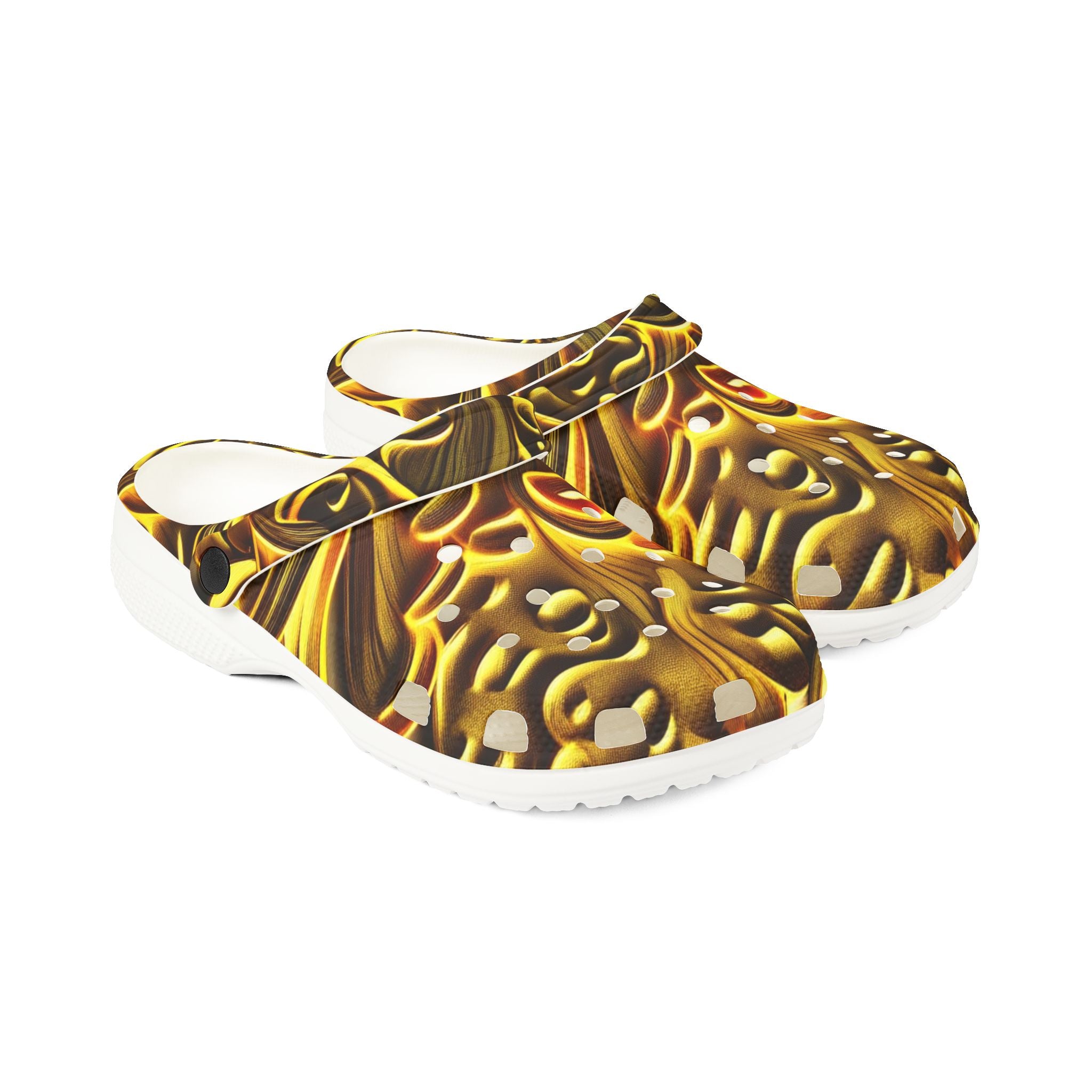 Clogs: Golden Swirl EVA Foam Clogs — Abstract Metallic Pattern Slip-Ons