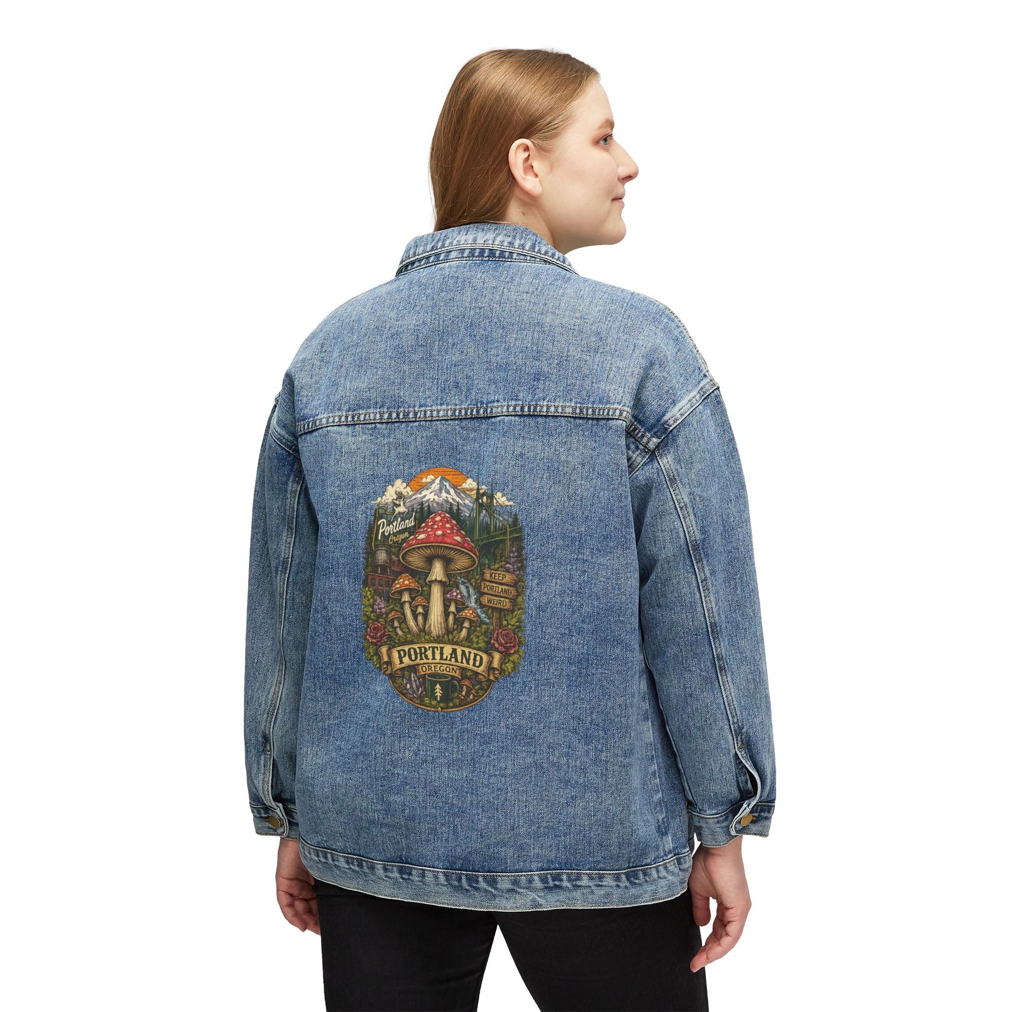 Women's Denim Jacket — Portland Mushrooms Vintage Travel Patch Back Print