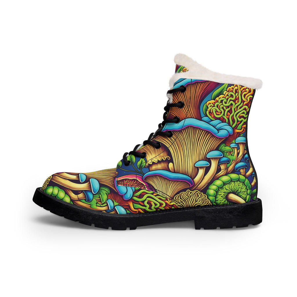 Boots: Synthetic Leather Boots: Women's Fur-Lined Leather Boots — Colorful Psychedelic Mushroom Print
