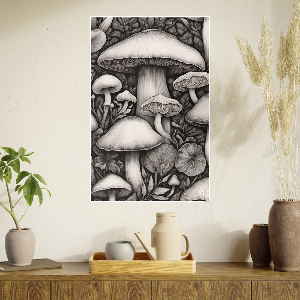 Poster: Mushroom Illustration Poster — Botanical Fungi Art Print
