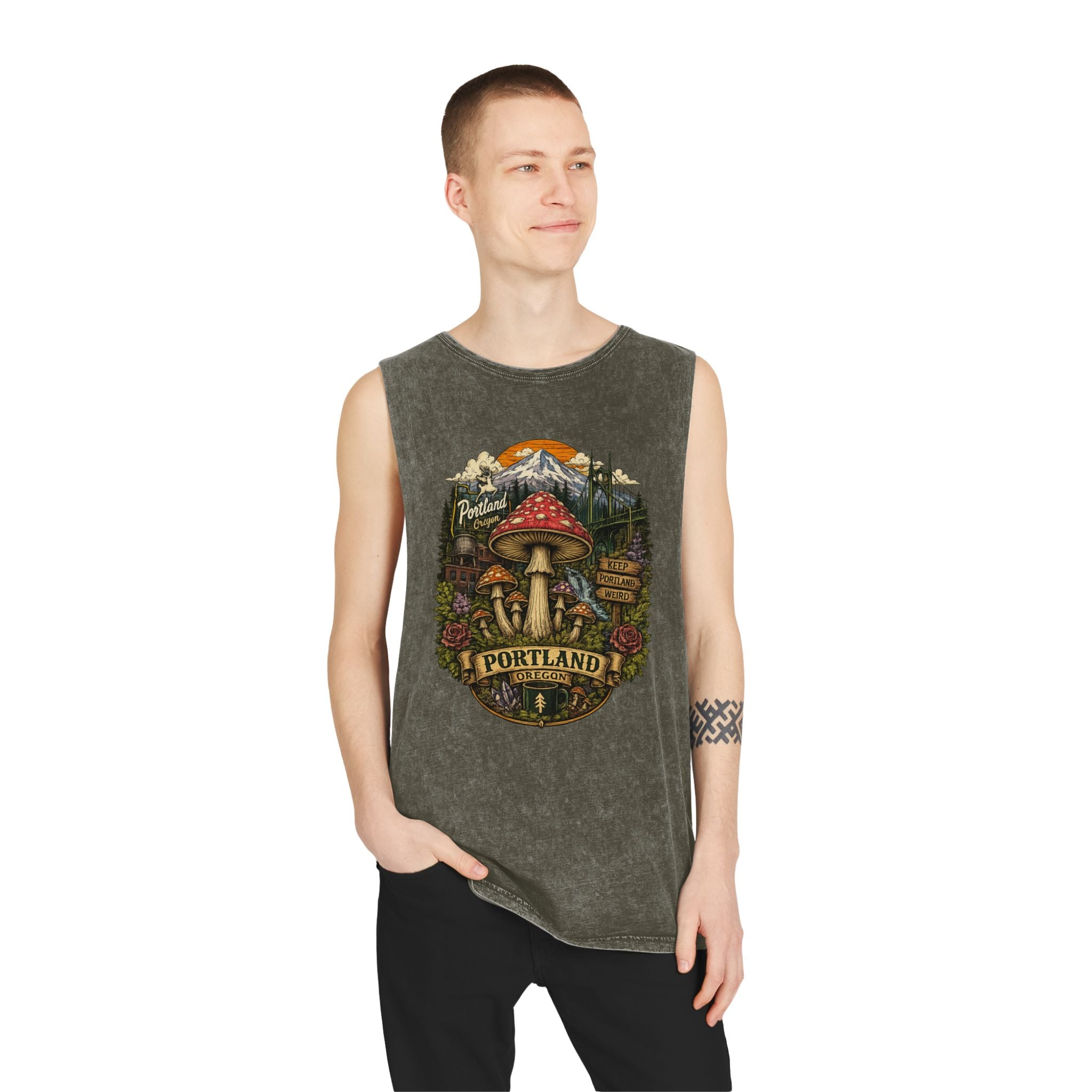 City: Portland Tank Top: Mushroom Graphic Tank — Stonewash Vintage Nature Tank Top