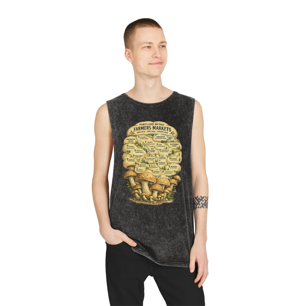 City: Stonewash Tank Top: Mushroom Festival Tank — Farmers Markets Map Stonewash Tank