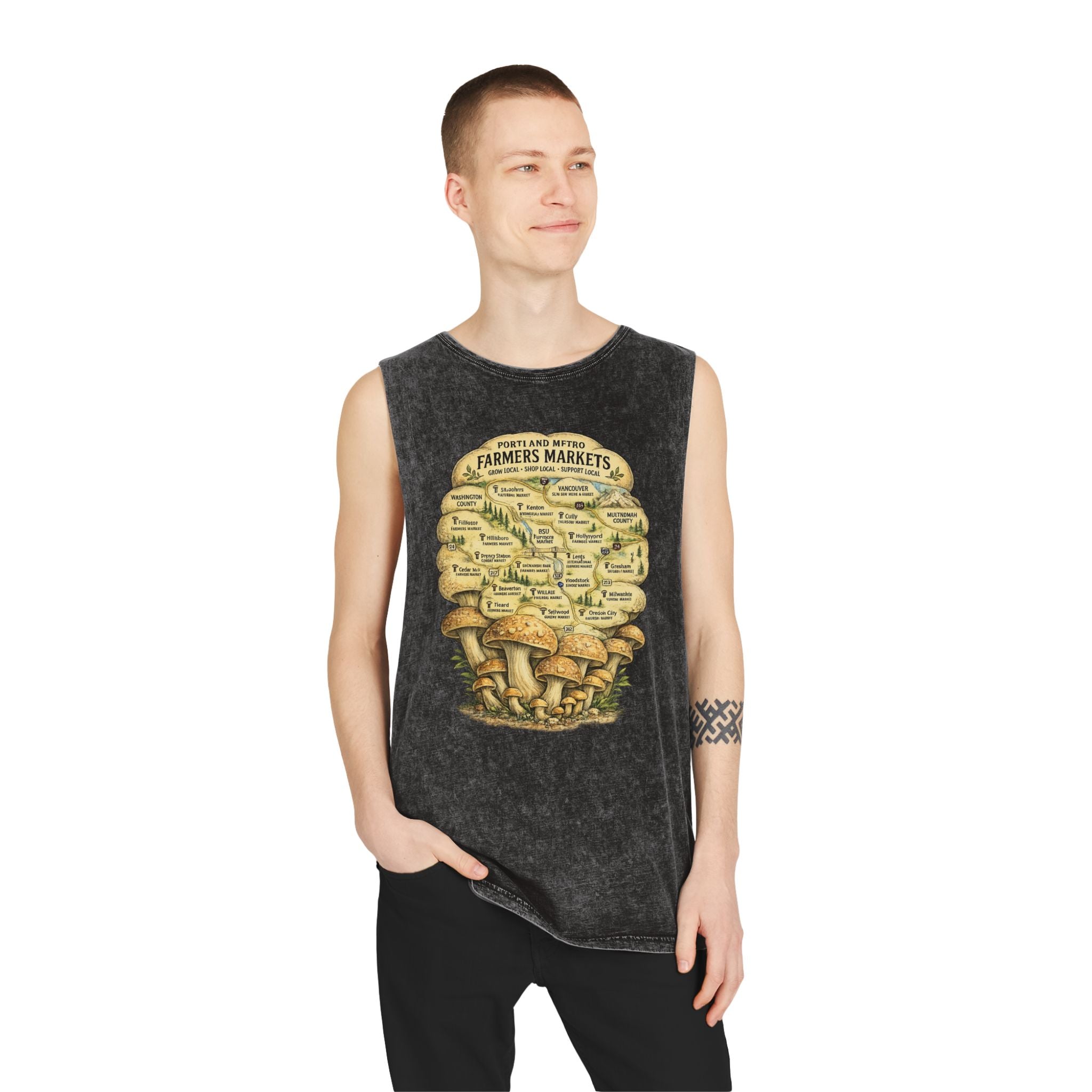 City: Stonewash Tank Top: Mushroom Festival Tank — Farmers Markets Map Stonewash Tank