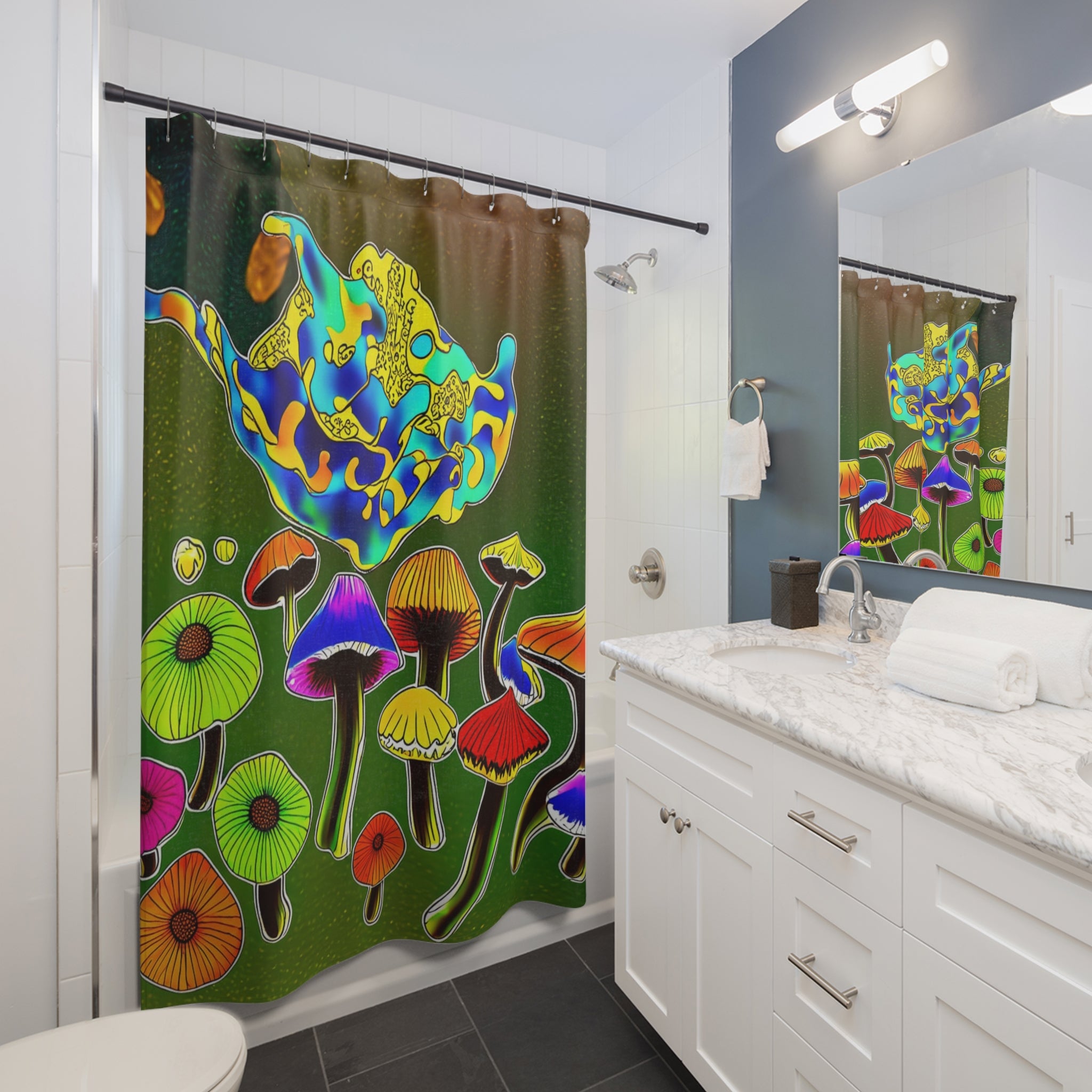 Psychedelic Mushroom Shower Curtain – Vibrant Colorful Fungi Bathroom Décor